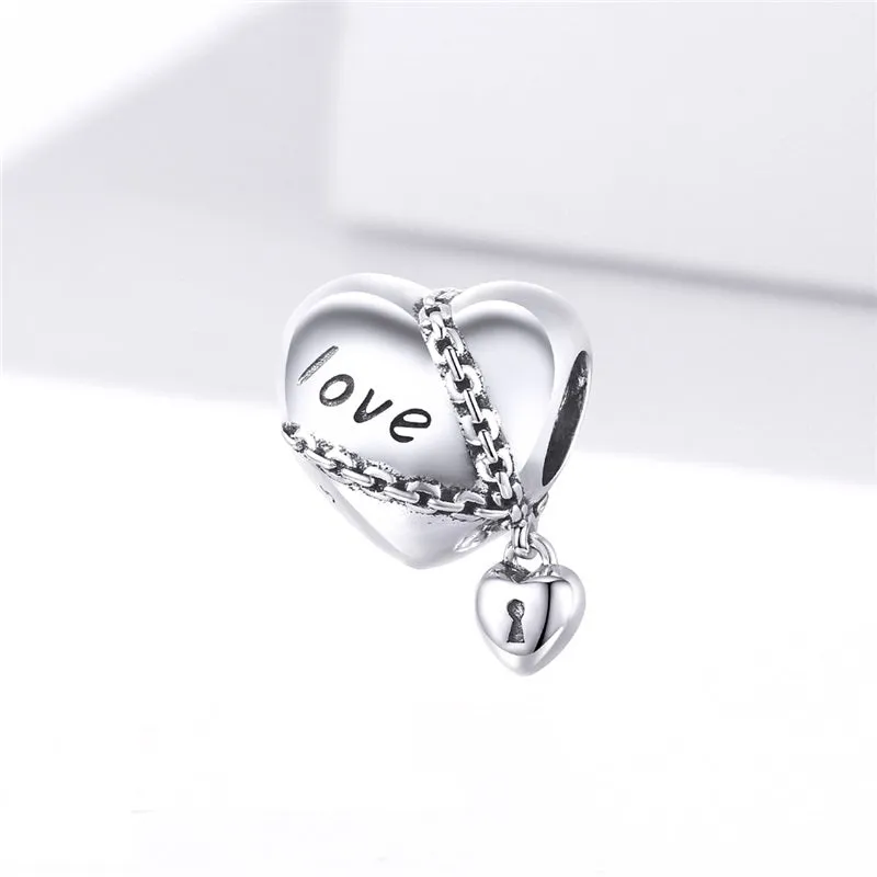 Love Forever Padlock Dangle Heart Charm 925 Sterling Silver