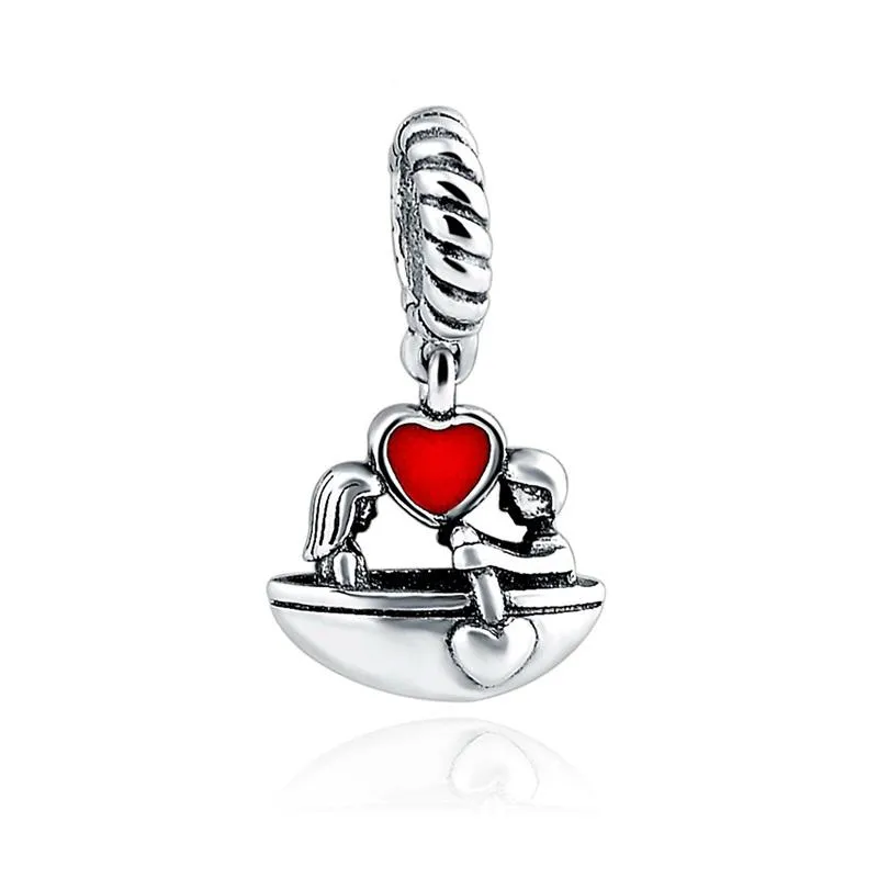 Lovers in Love Red Enamel Boat Charm 925 Sterling Silver