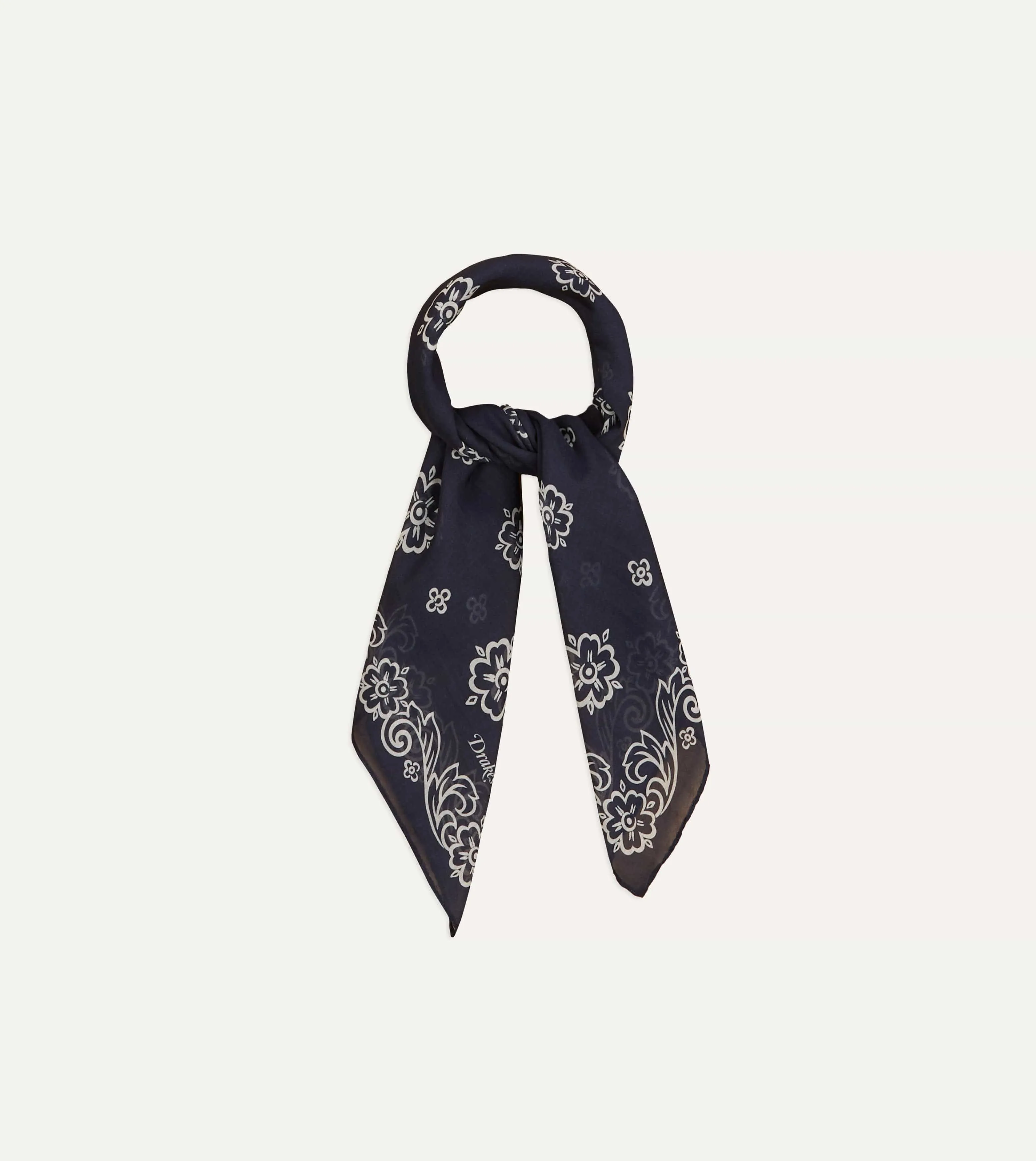 Navy Flower Print Silk-Cotton Bandana