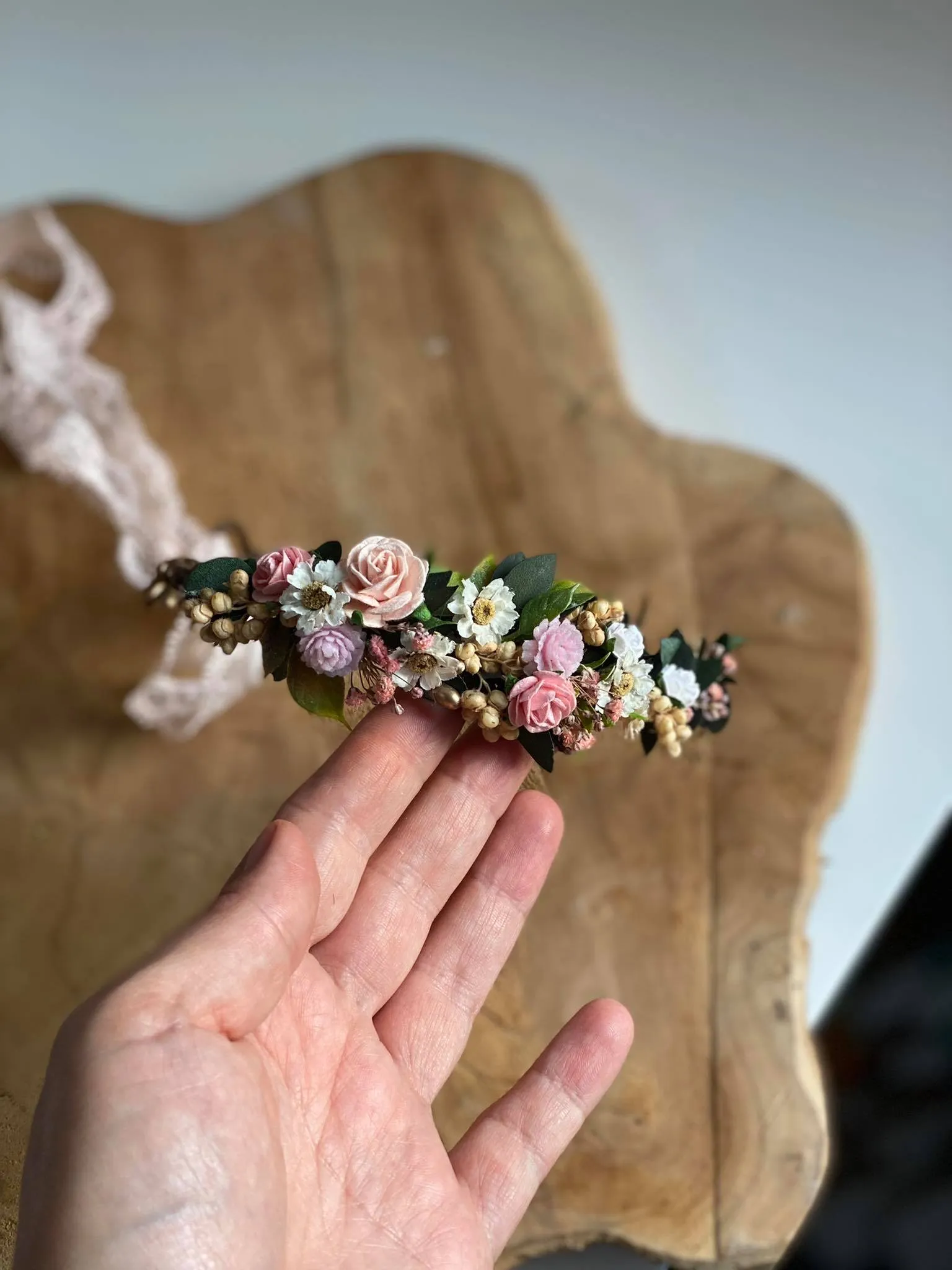 Newborn flower hair crown Toddler adjustable flower headpiece Flower girl crown Flower hair jewellery Baptism flower wreath Magaela handmade