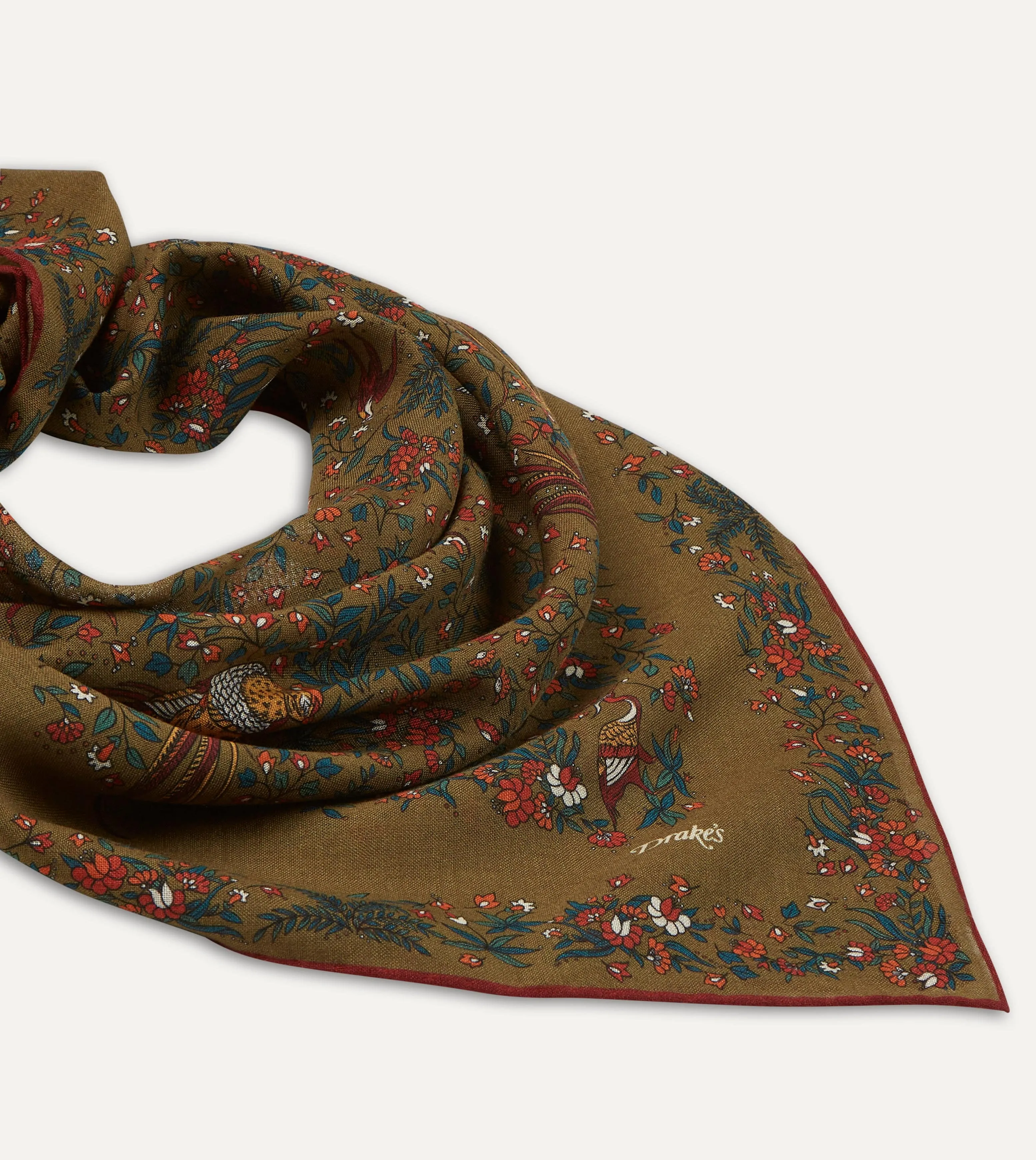 Olive Birds of Paradise Print Wool-Silk Square Scarf