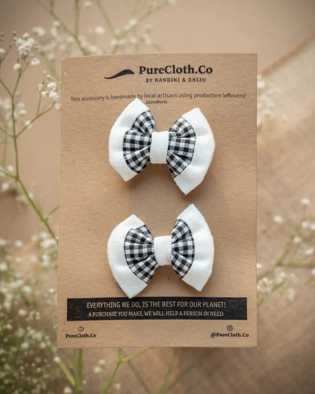 Organic Cotton Checkered Mini Bow Hair Clip