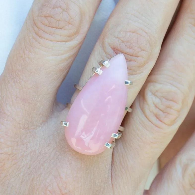 PINK OPAL TEARDROP ON SILVER DOUBLE BAND RING