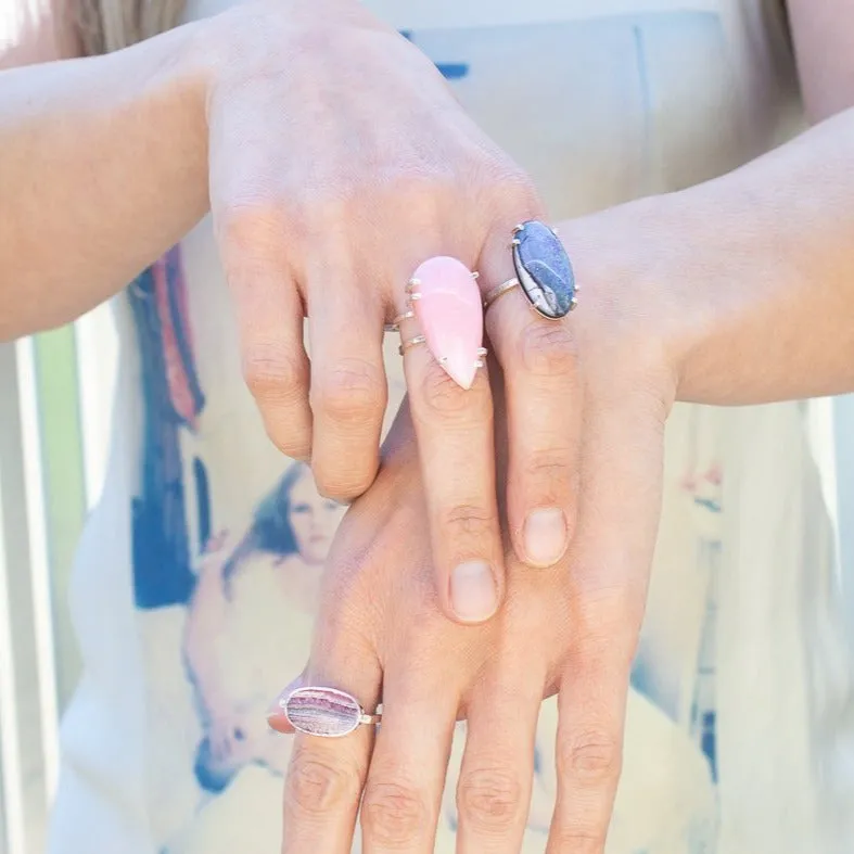 PINK OPAL TEARDROP ON SILVER DOUBLE BAND RING