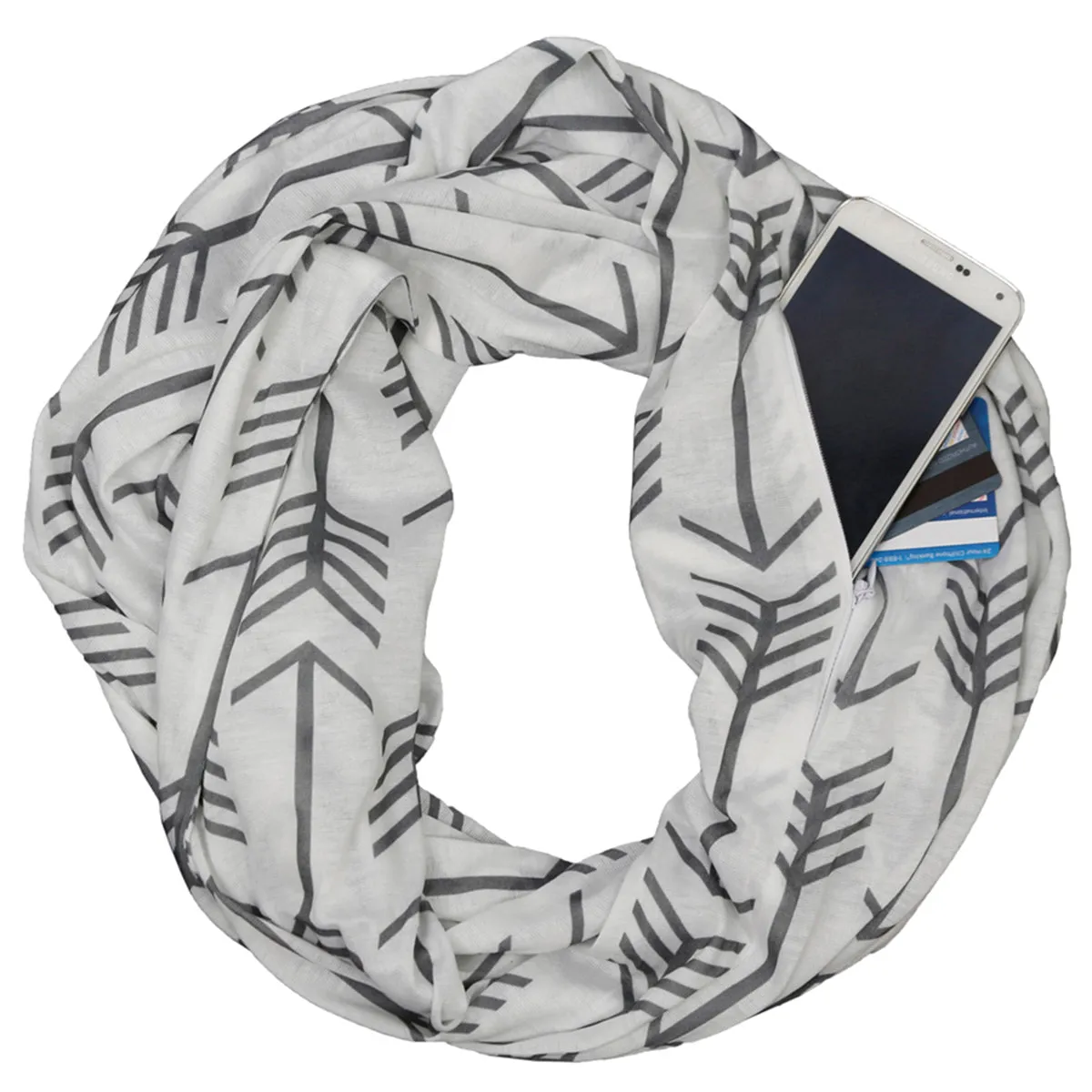 Pop Fashion Women's Arrow Patterned Infinity Scarf with Zipper Pocket, Travel Infinity Scarves