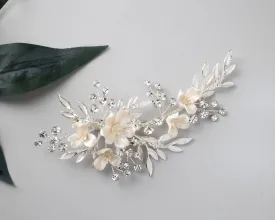 Porcelain Ivory Flowers and Crystals Bridal Clip