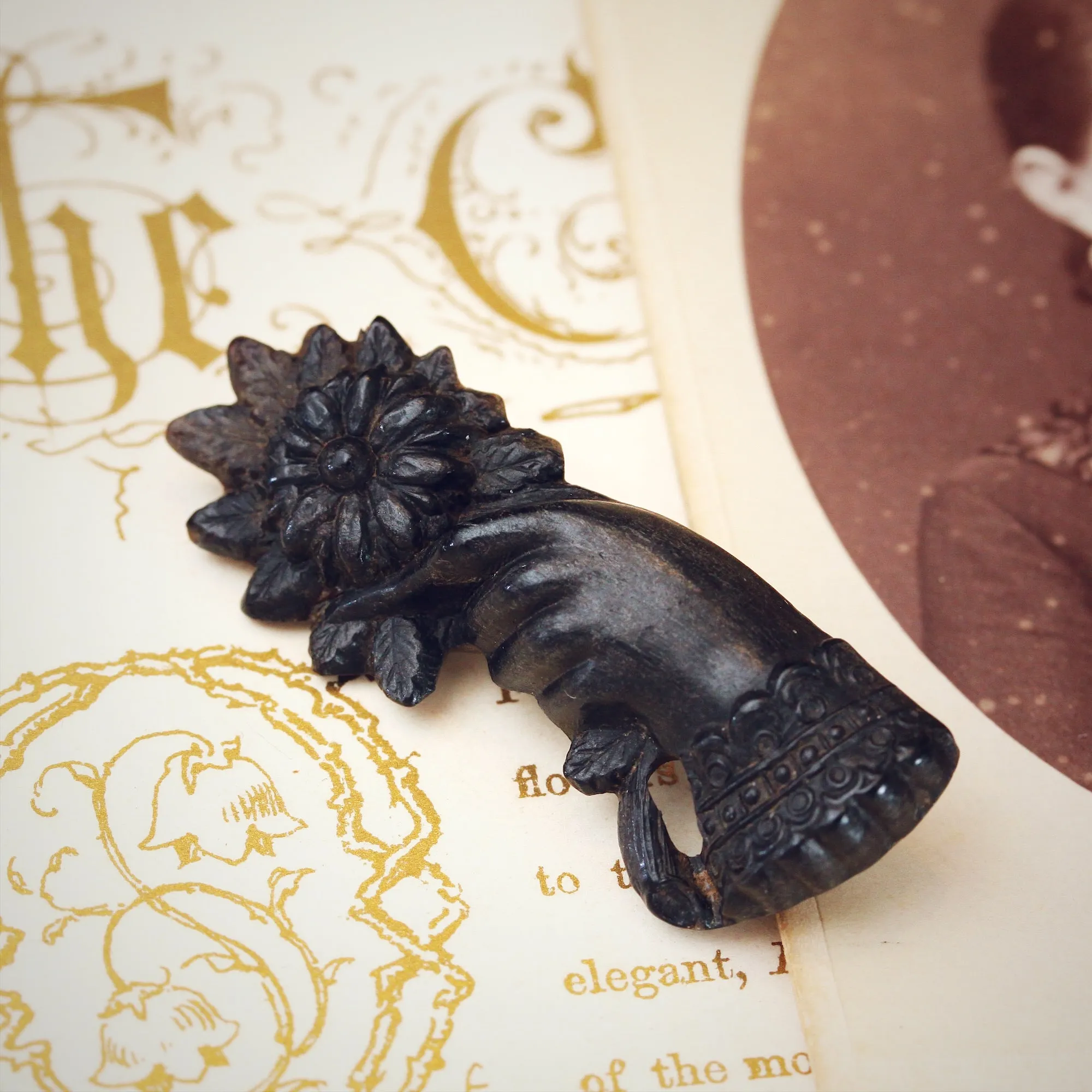 Pressed Horn Hand & Flower Brooch