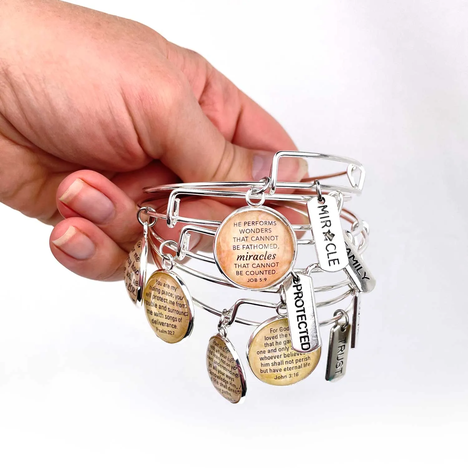 Protected in Scripture Charm Bangle Bracelet - Psalm 32:7 Word Scripture Christian Affirmations Jewelry, Silver