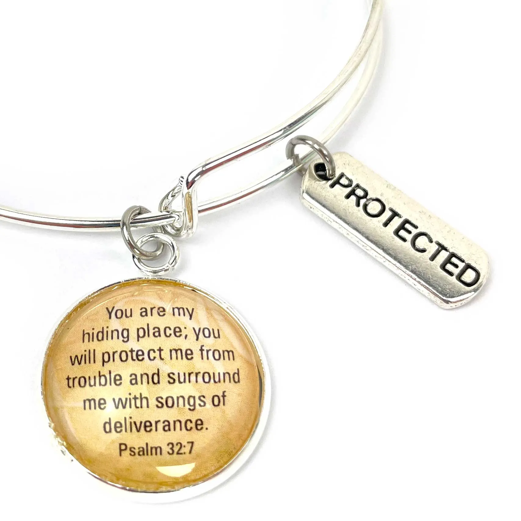 Protected in Scripture Charm Bangle Bracelet - Psalm 32:7 Word Scripture Christian Affirmations Jewelry, Silver