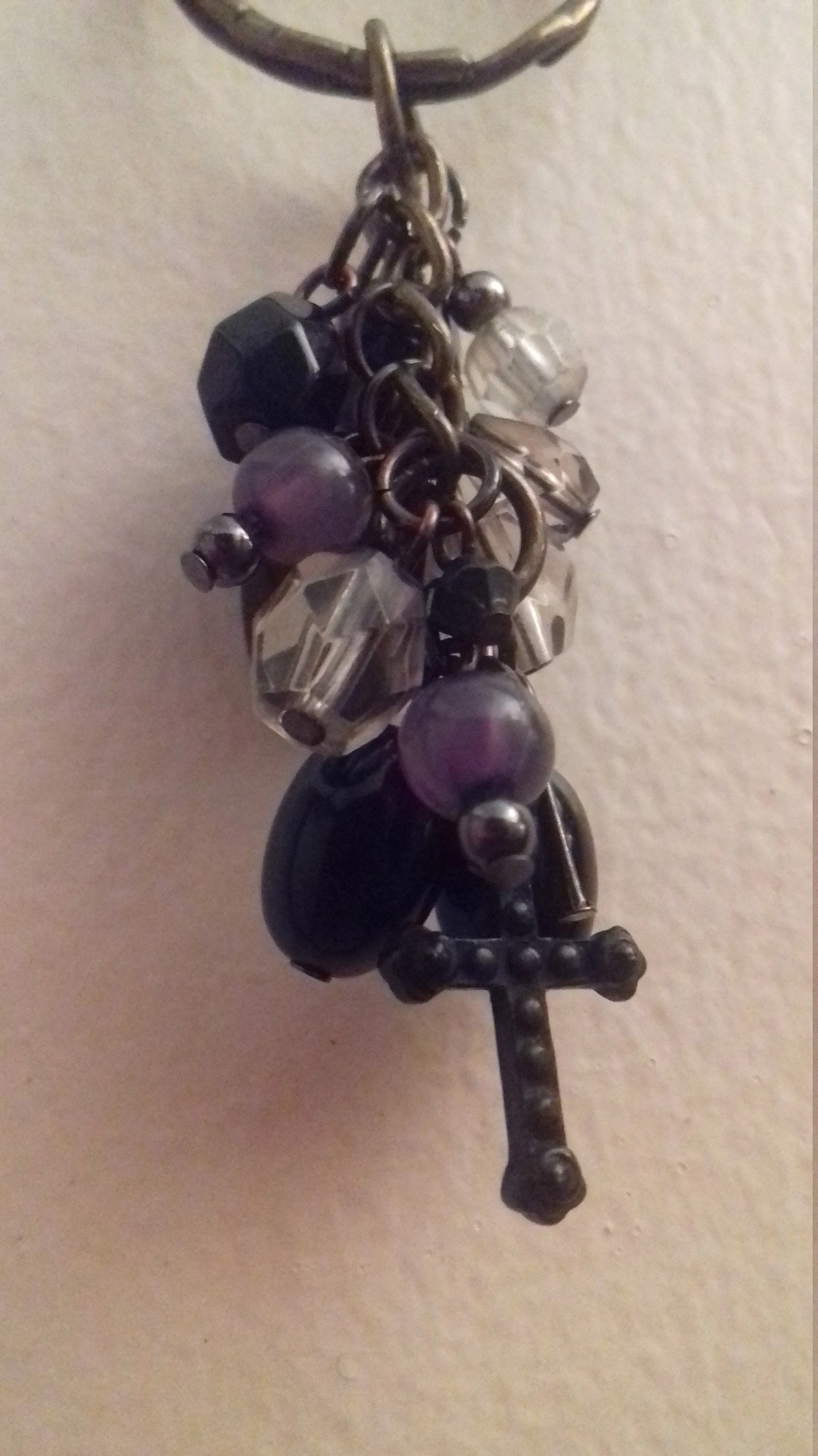 Purple Black Keychain Beads, Crucifix, Gothic