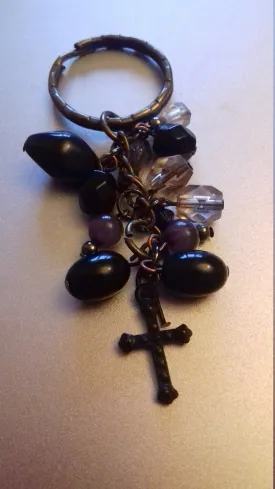 Purple Black Keychain Beads, Crucifix, Gothic