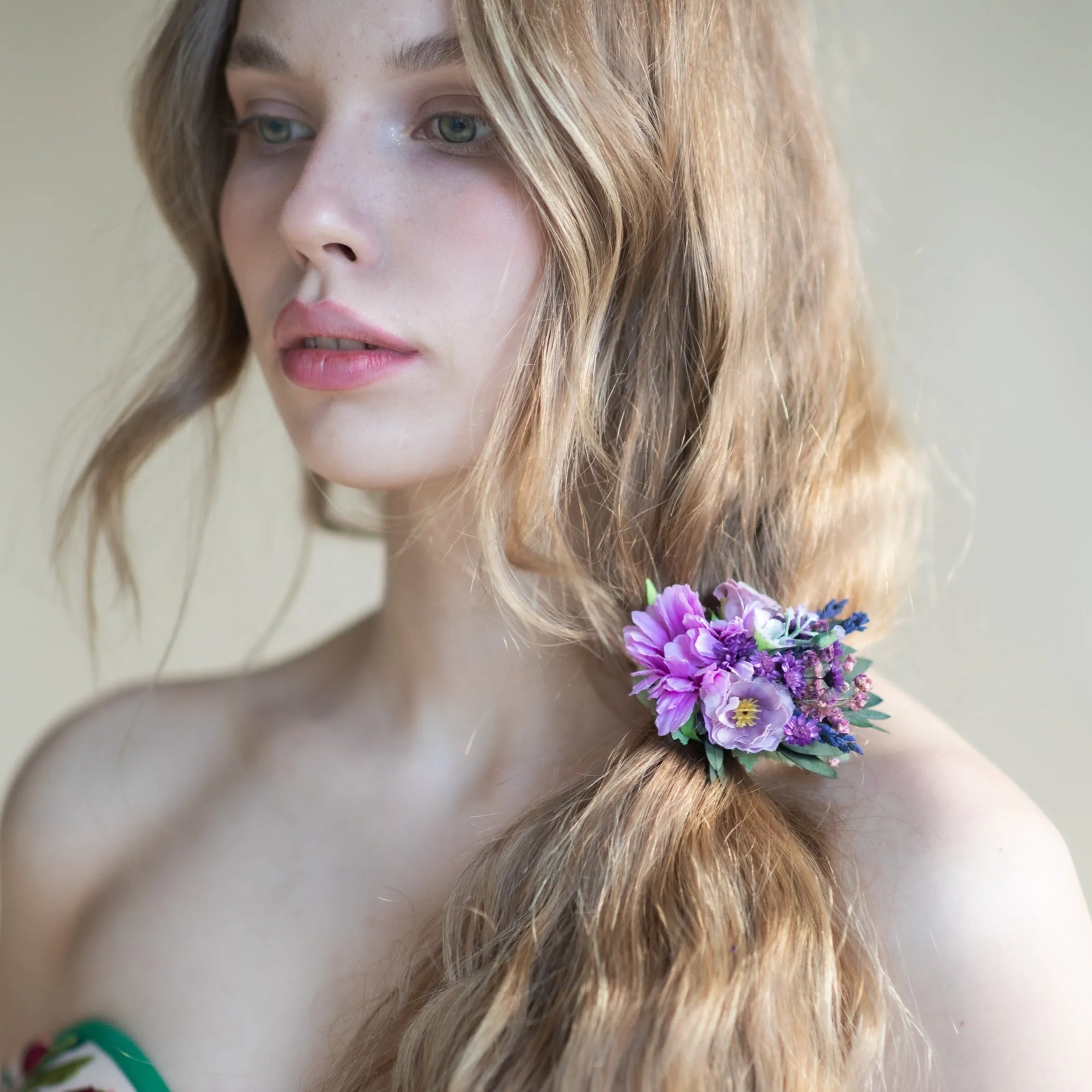 Purple flower hair tie