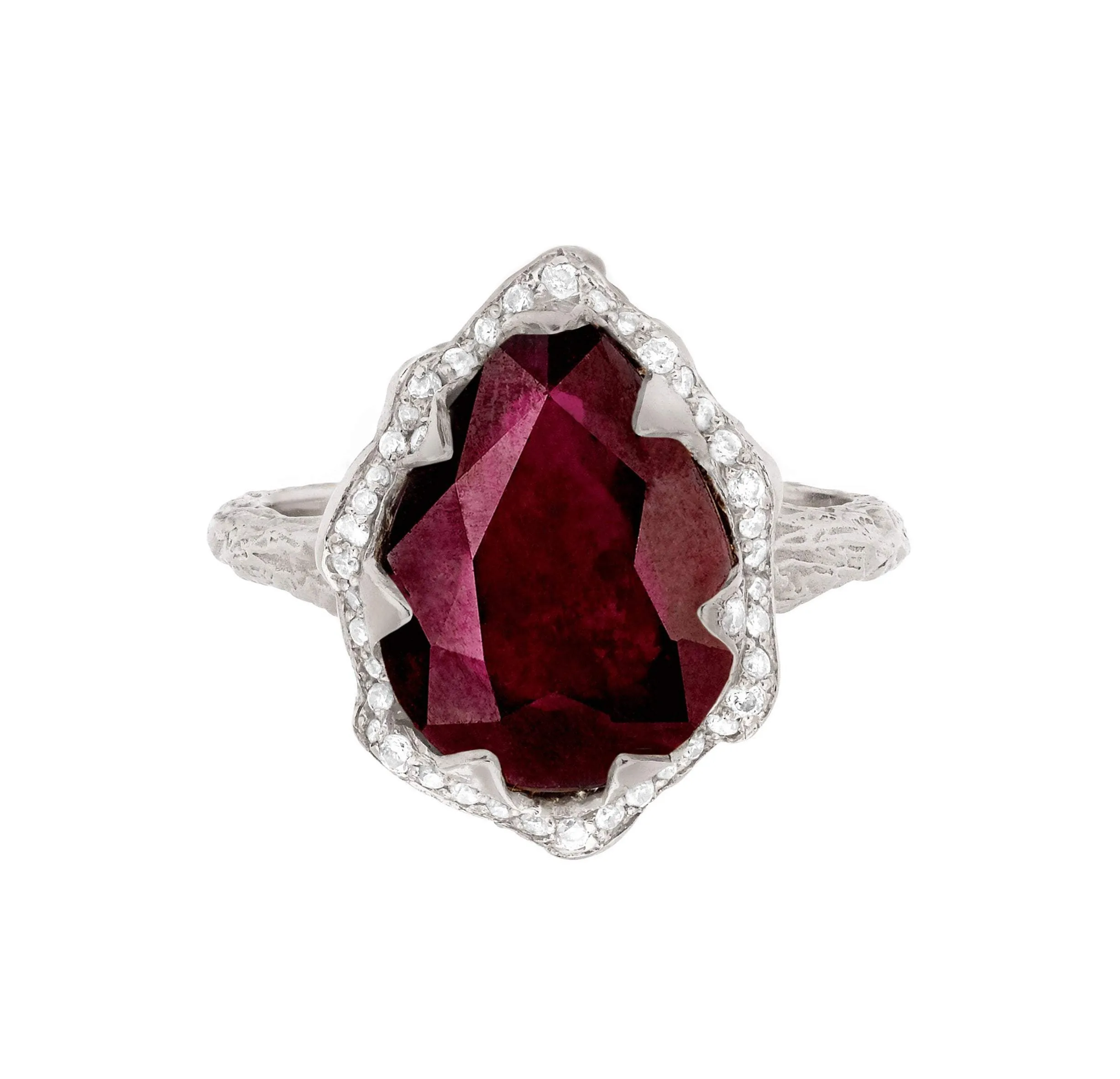 Queen Water Drop Ruby Ring with Full Pavé Diamond Halo