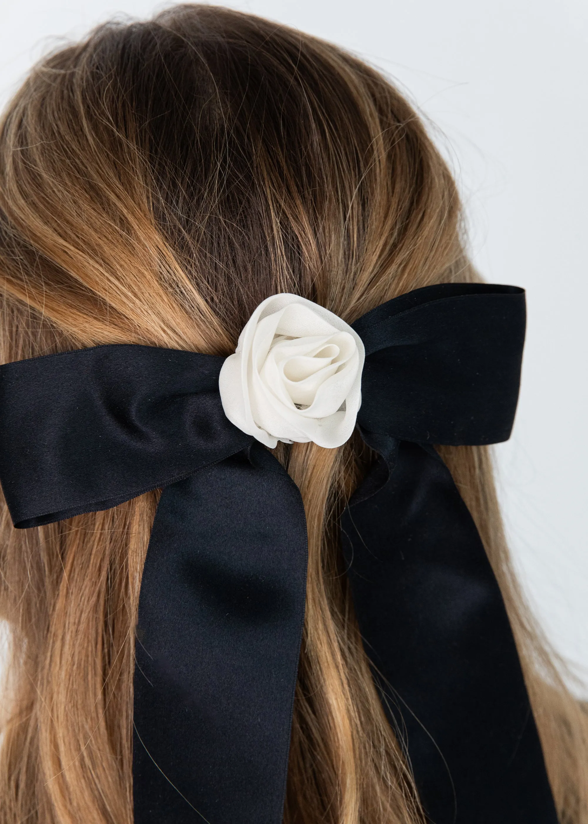 Rosette Bow Barrette -- Black Cream