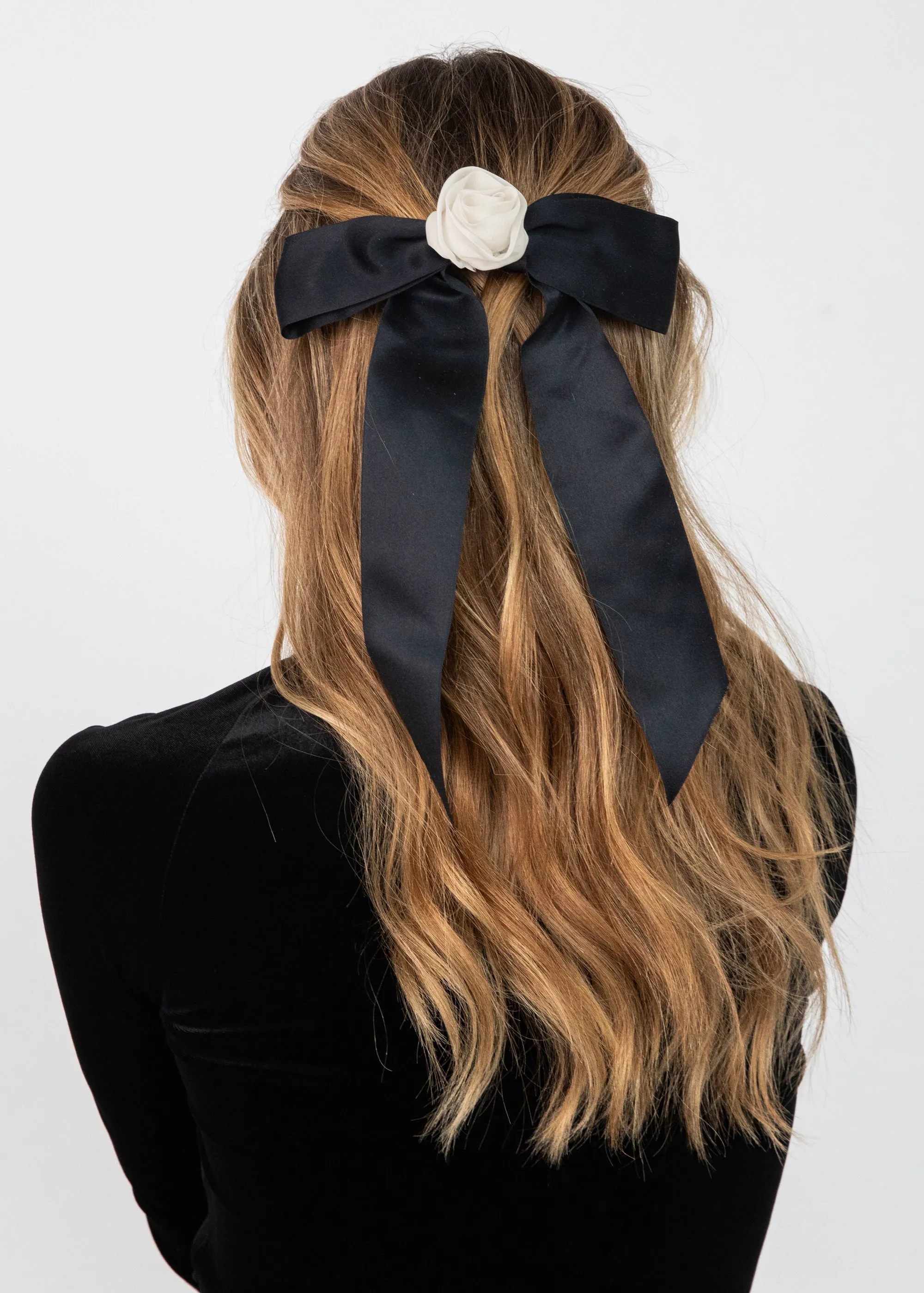 Rosette Bow Barrette -- Black Cream