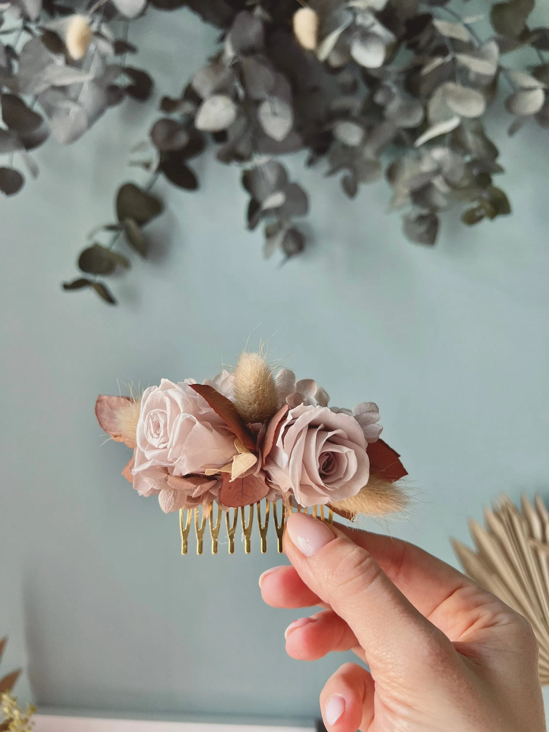 Rustic Barn Wedding Floral Hair Piece Terracotta Rose Nude Brown Eucalyptus Dried Flower Head Piece Wedding Hair Comb Earthy Pastel Nude