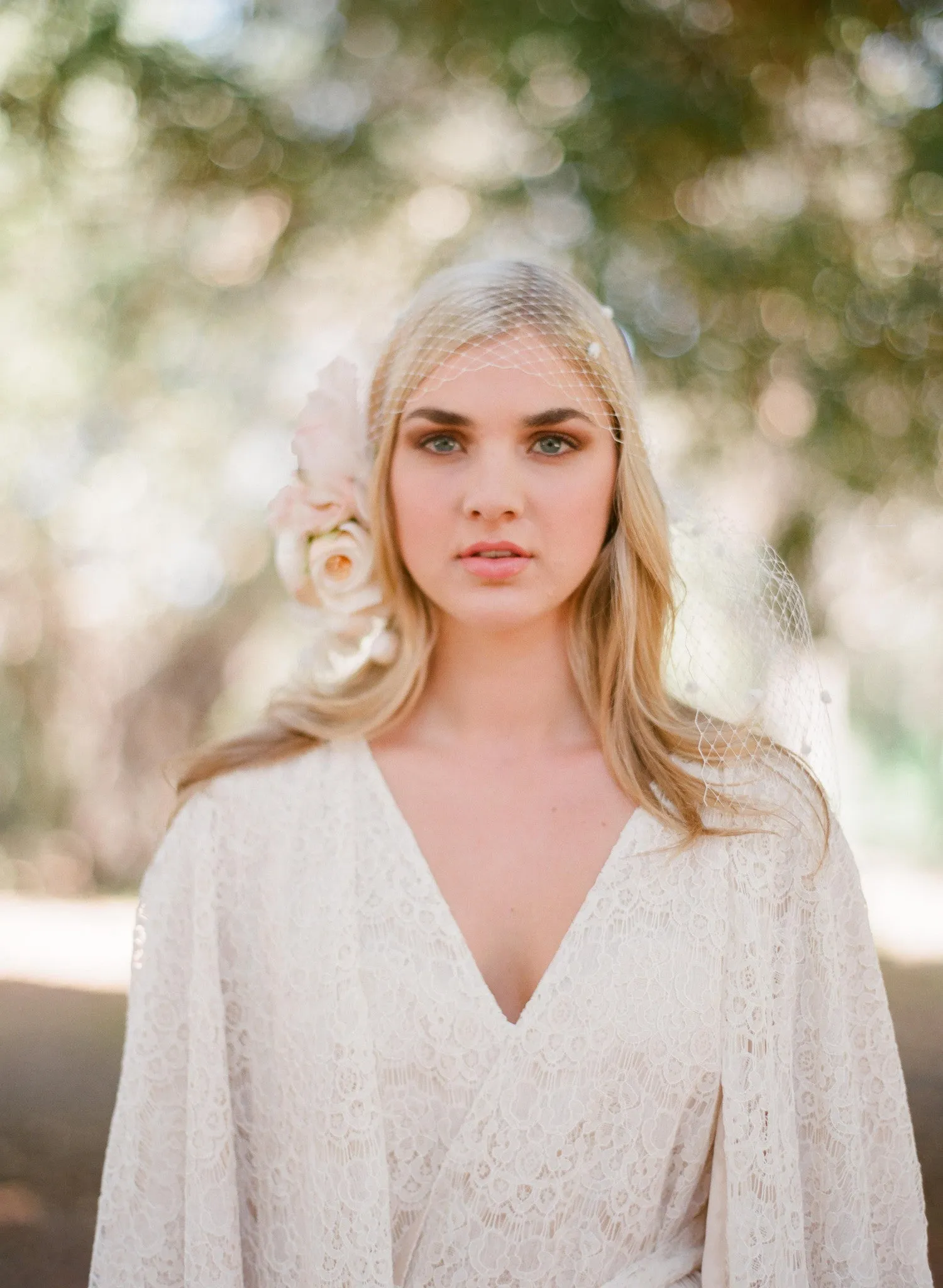 Silk flower bouquet with bandeau birdcage veil - Style # 304