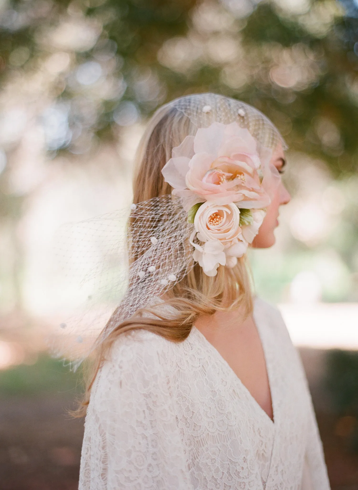 Silk flower bouquet with bandeau birdcage veil - Style # 304