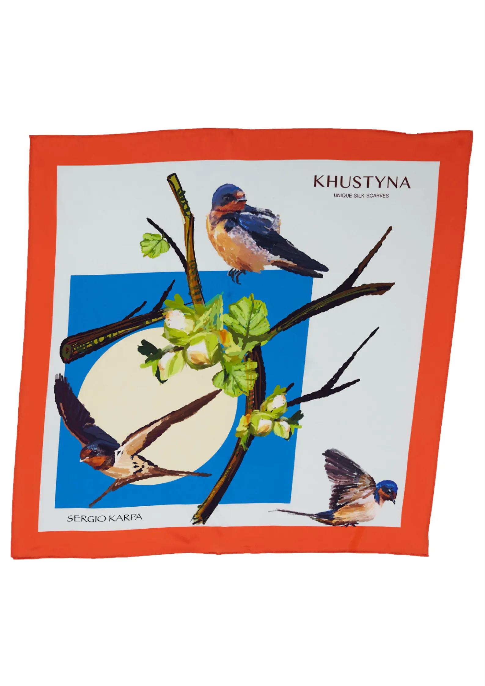 Silk scarf - Ukrainian bullfinches on a branch