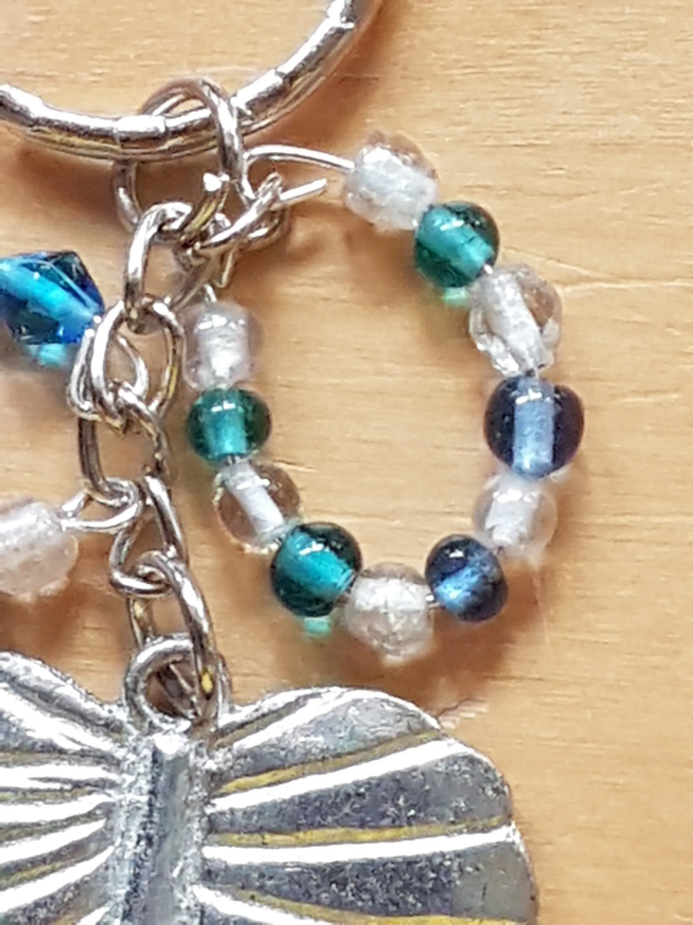 Silver Leaf, White, Blue Bead Bag Charm