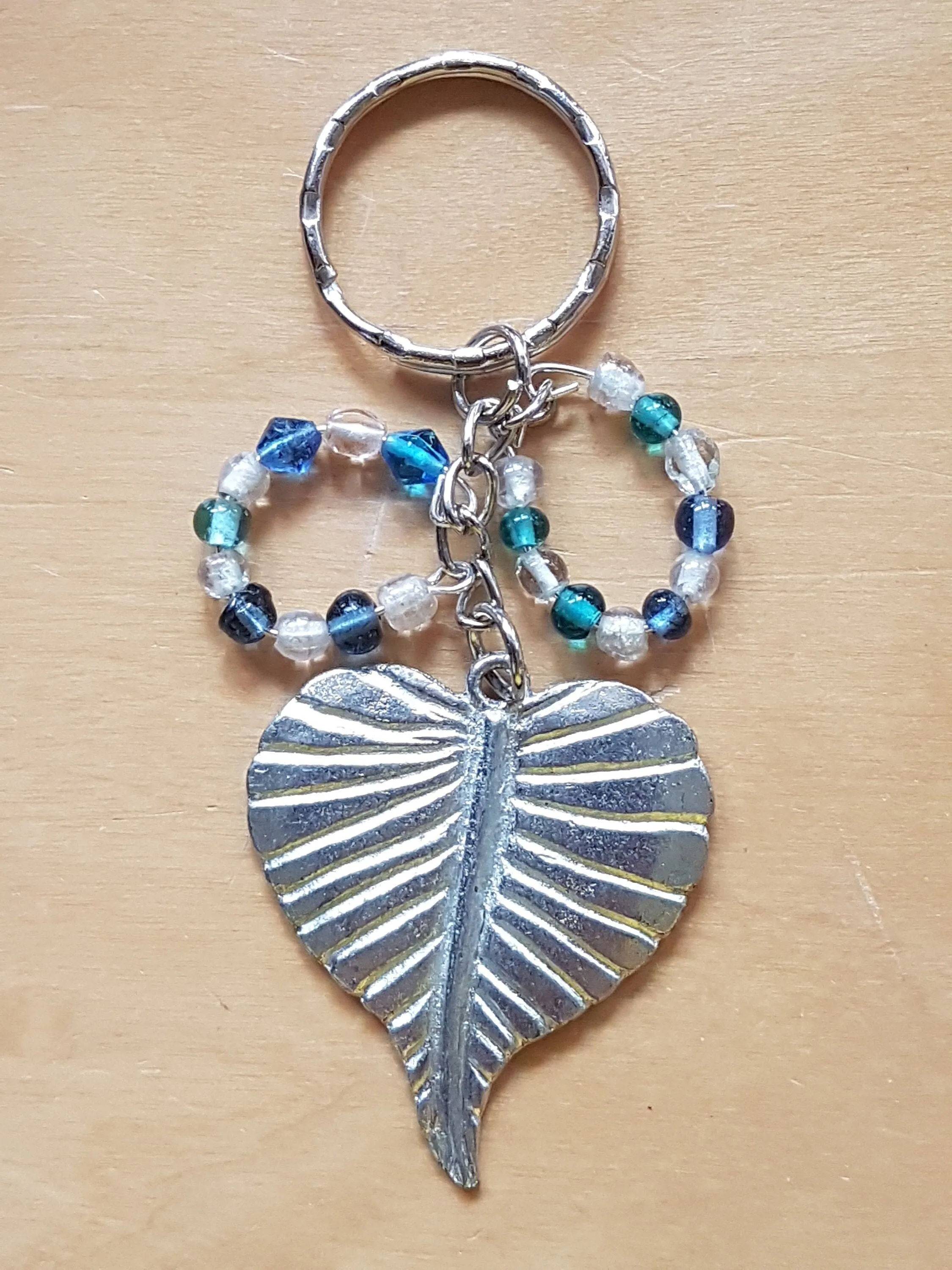 Silver Leaf, White, Blue Bead Bag Charm