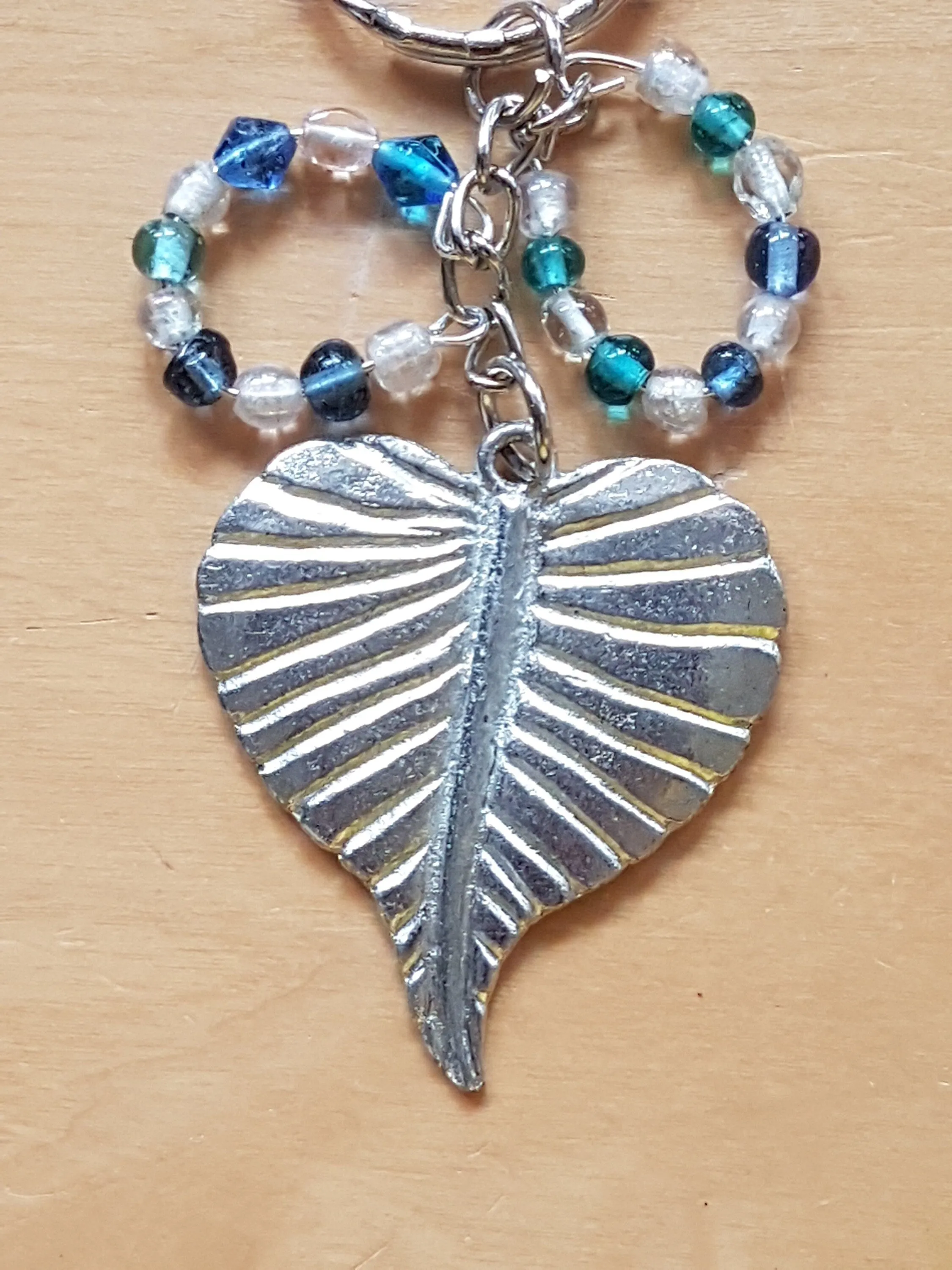 Silver Leaf, White, Blue Bead Bag Charm