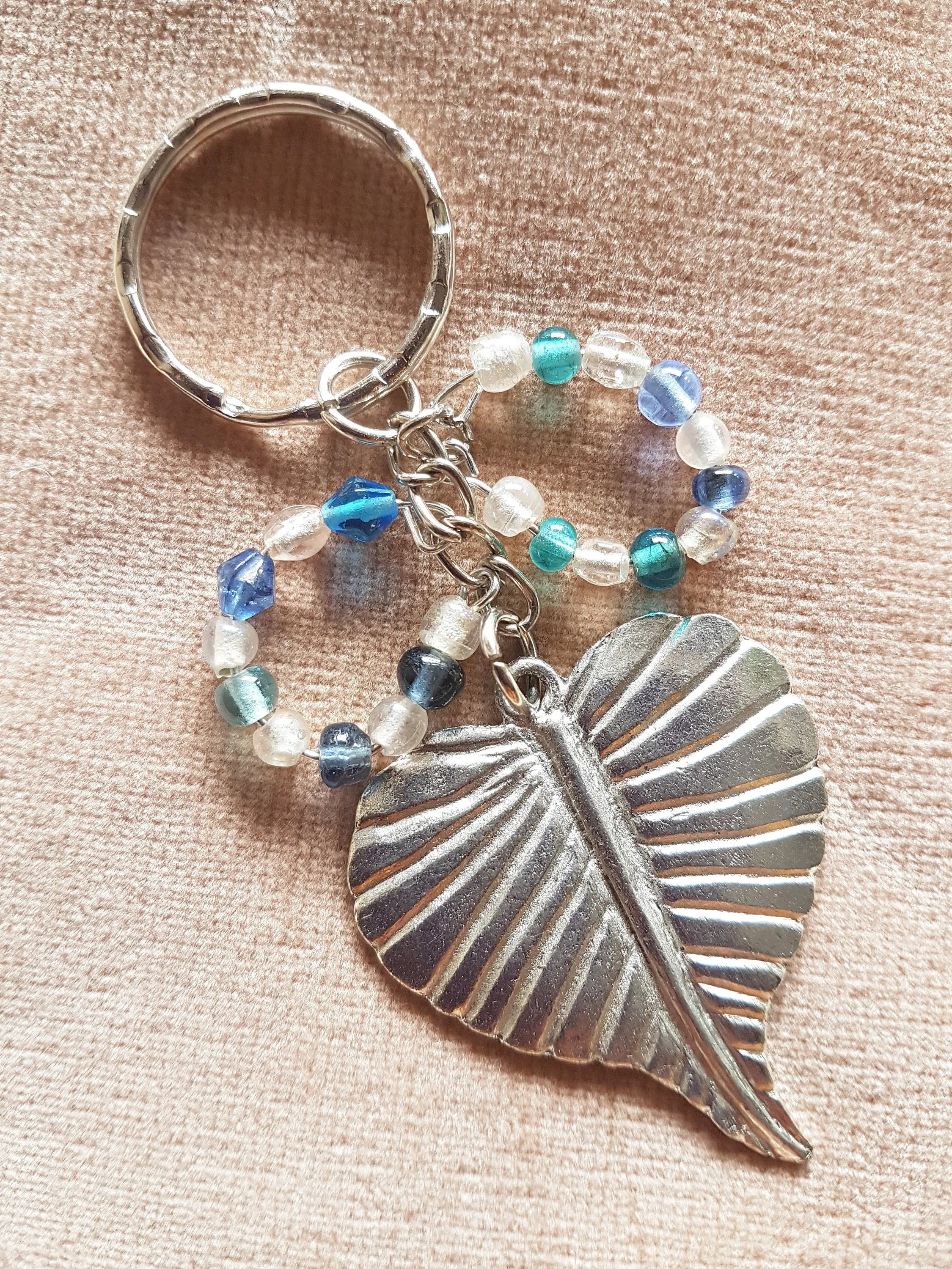 Silver Leaf, White, Blue Bead Bag Charm