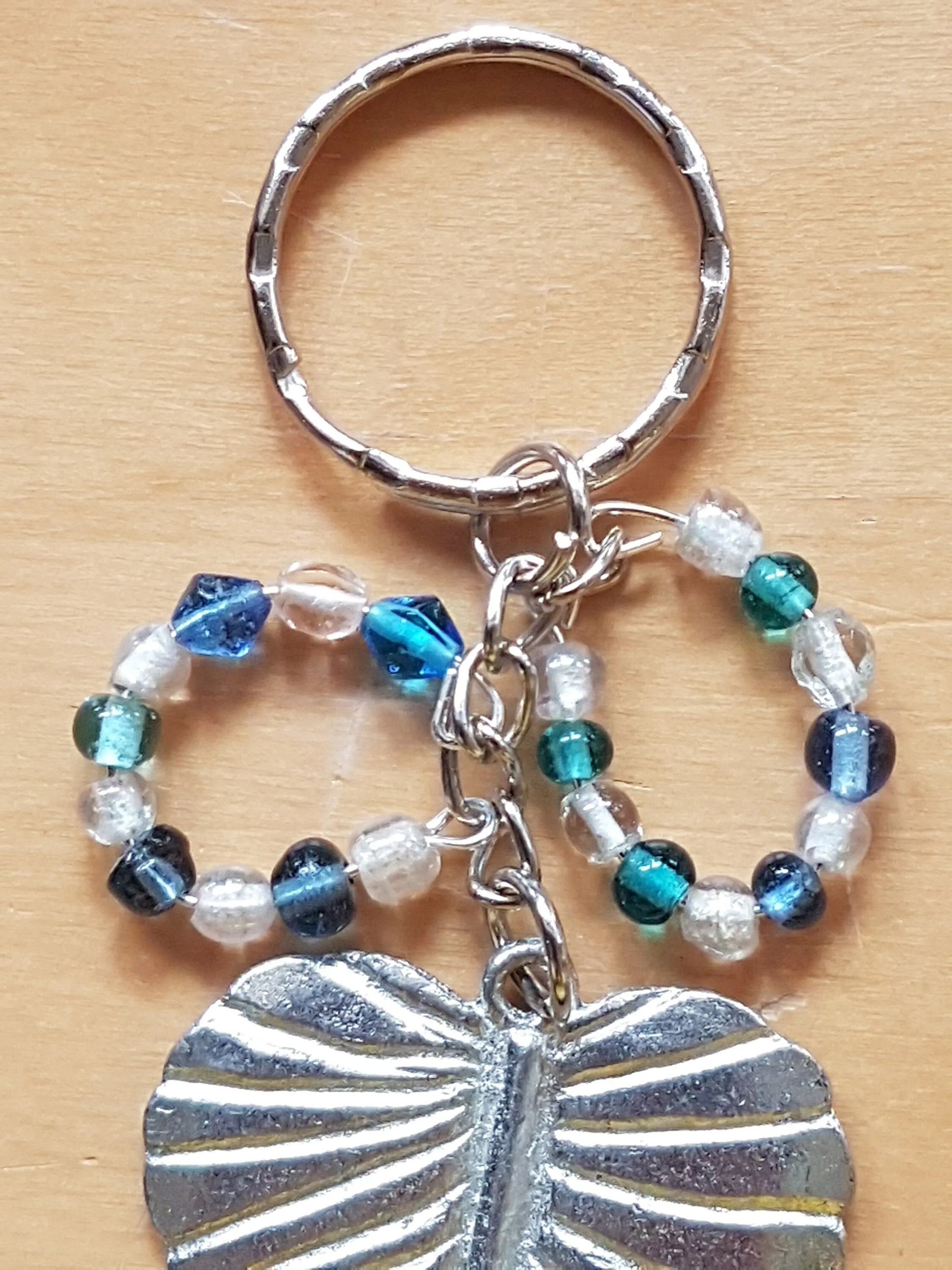 Silver Leaf, White, Blue Bead Bag Charm