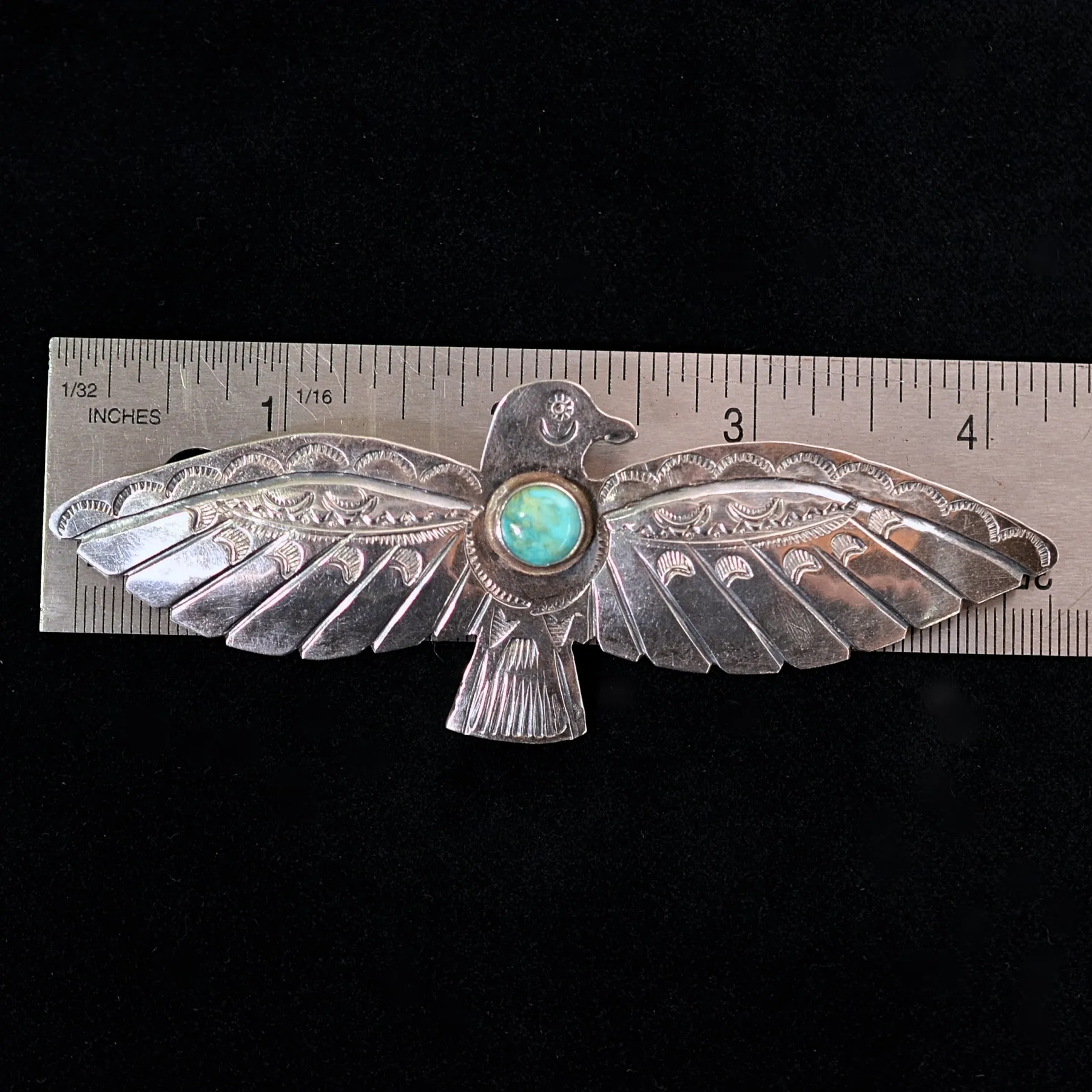 SOLD Vintage Fred Harvey Era Large Thunderbird Silver/Turquoise Brooch 4" Long