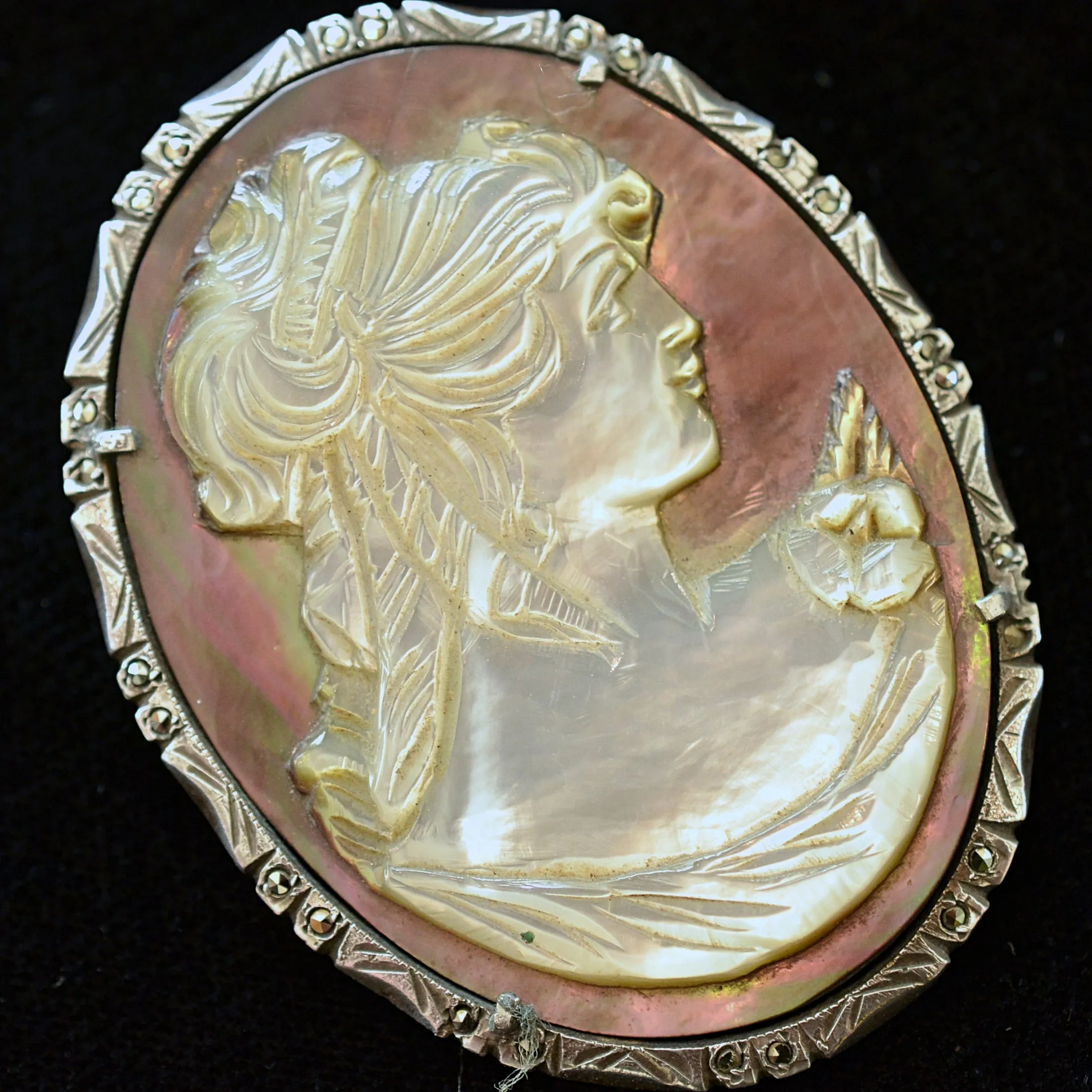 SOLD Vintage Mother of Pearl Cameo, 800 Silver Brooch/Pendant