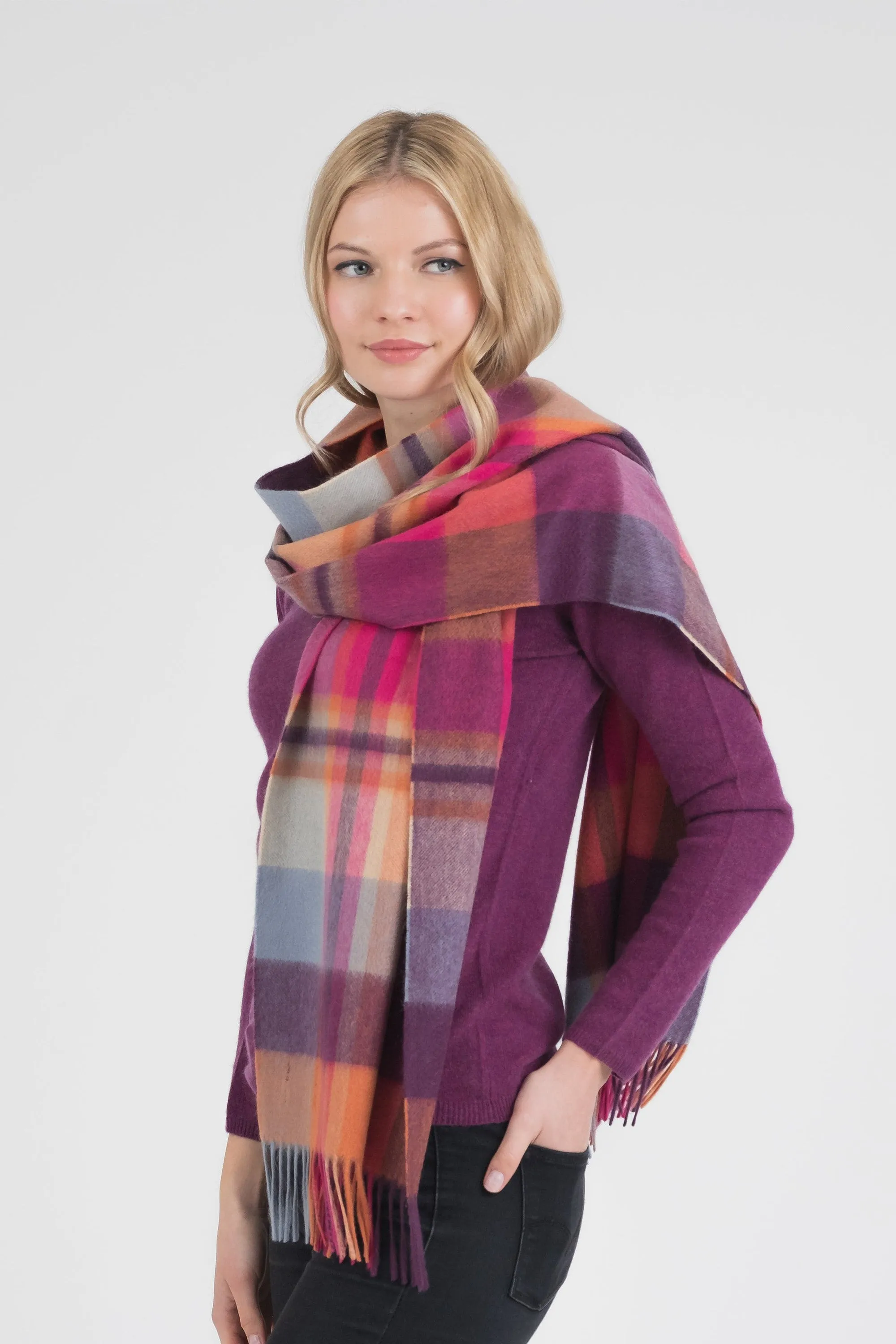 Square Check Cashmere Wide Scarf - Orient Ginger