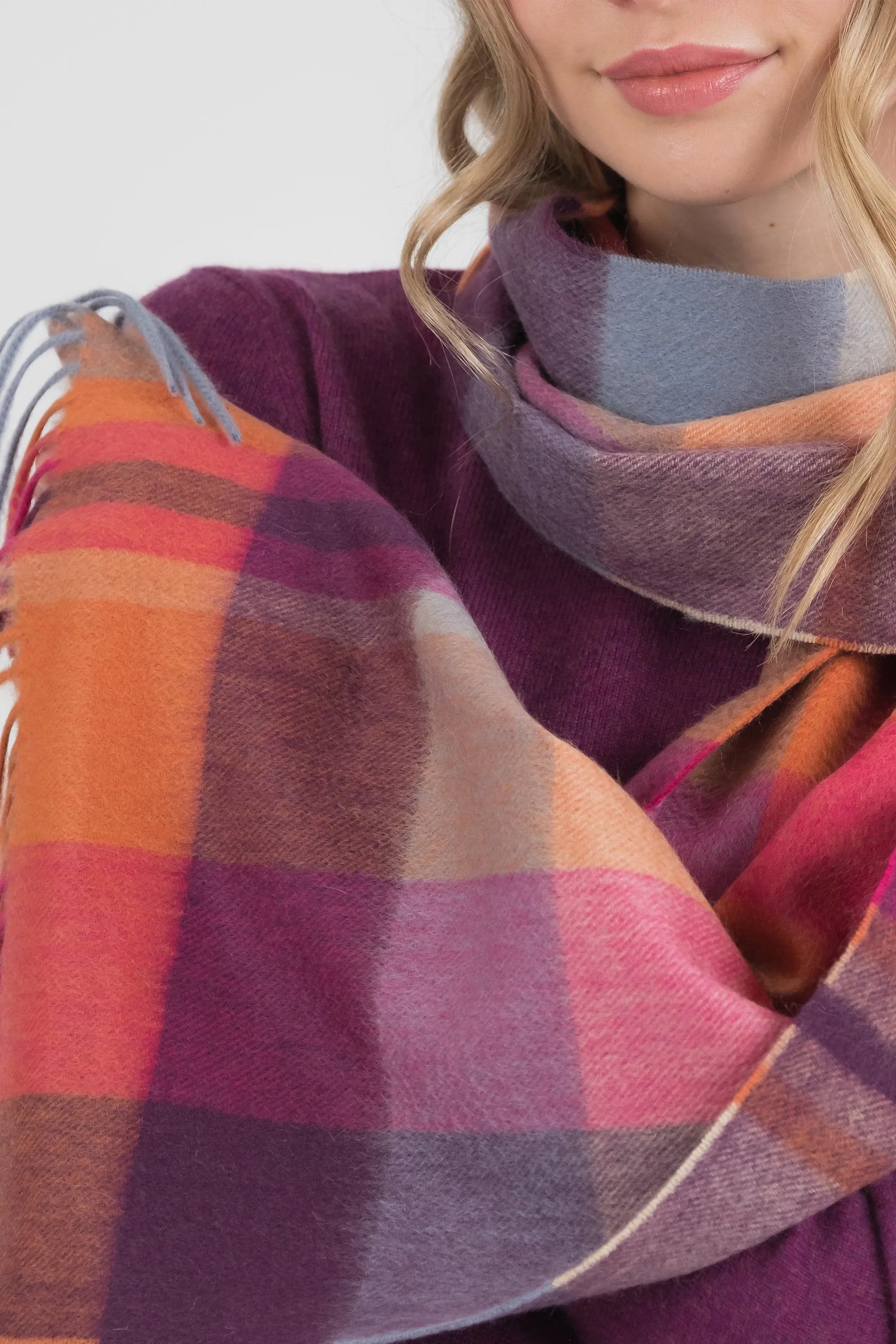 Square Check Cashmere Wide Scarf - Orient Ginger