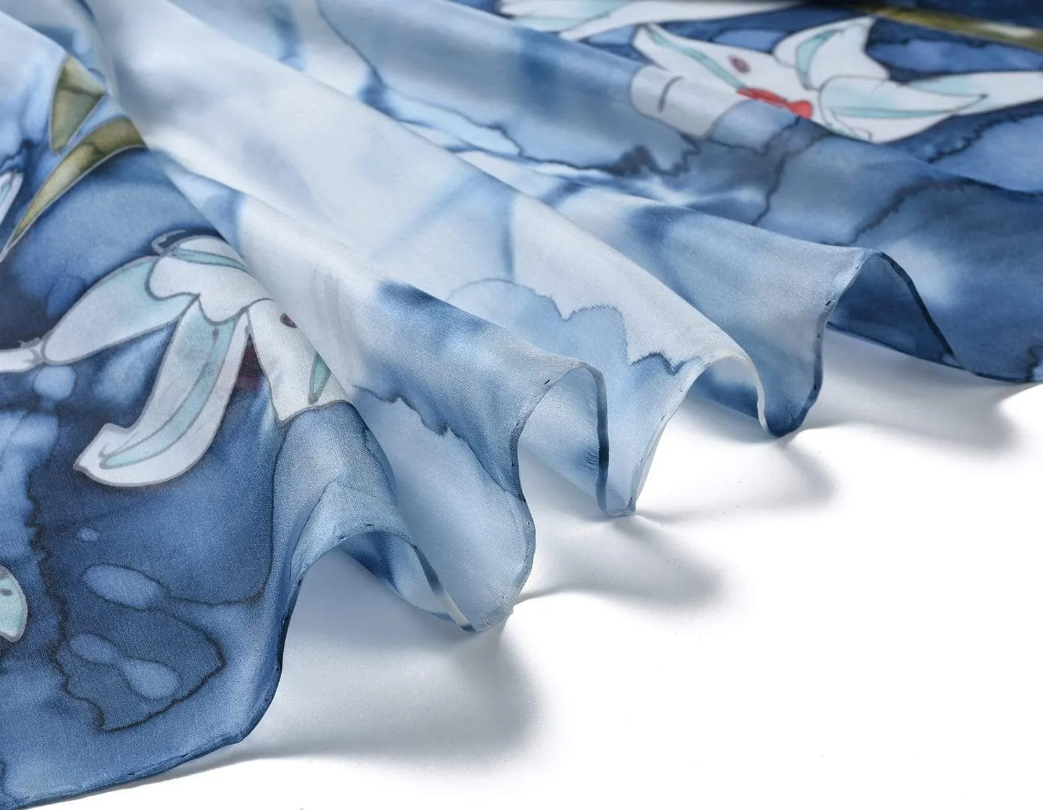 Square Hand Painted Silk Scarf - Blue Lilly