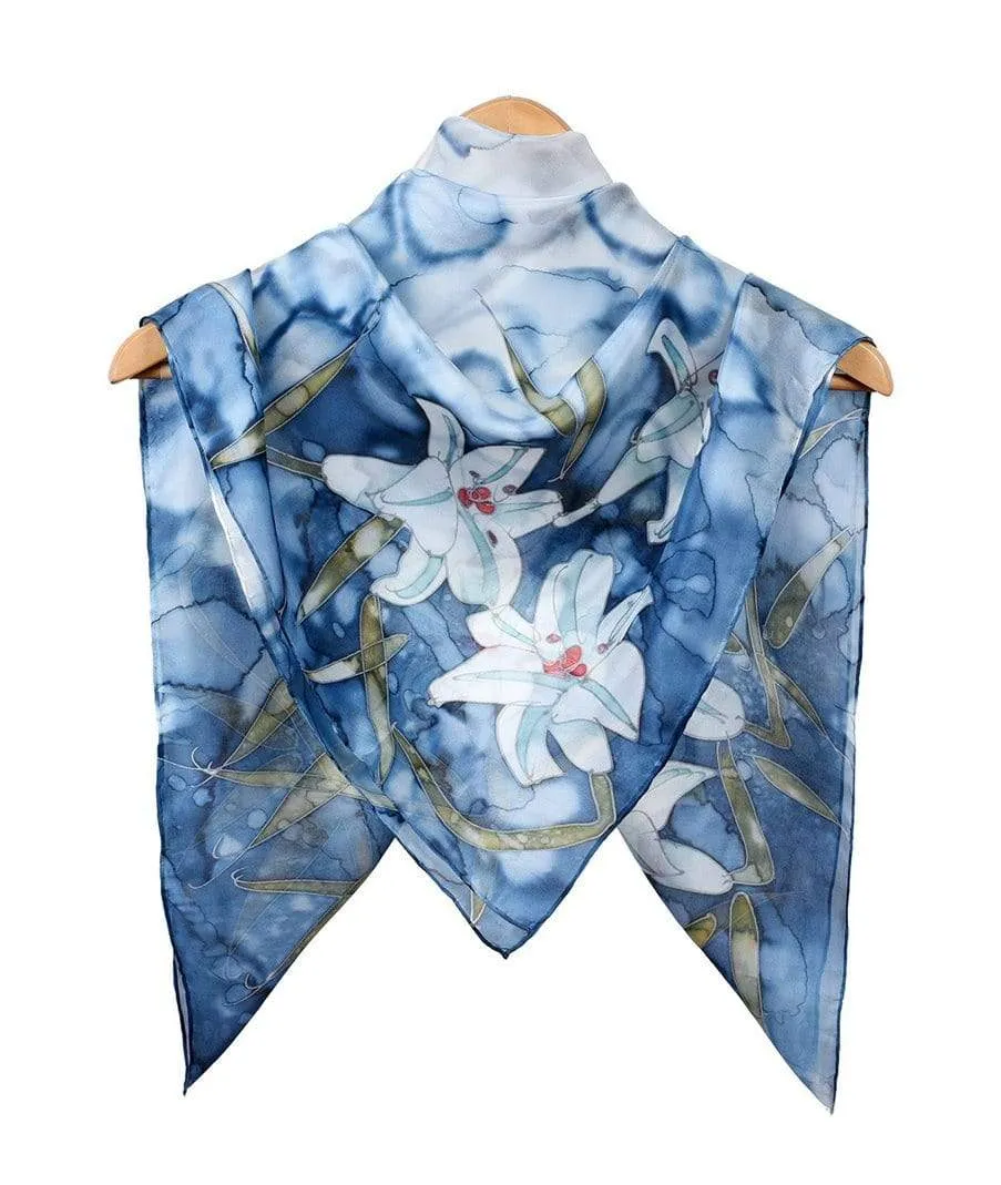 Square Hand Painted Silk Scarf - Blue Lilly