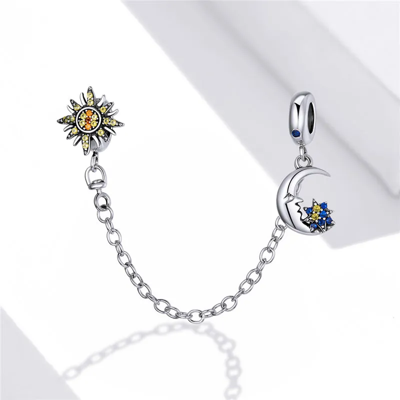 Sunshine, Star & Luna Moon Safety Chain Charm 925 Sterling Silver