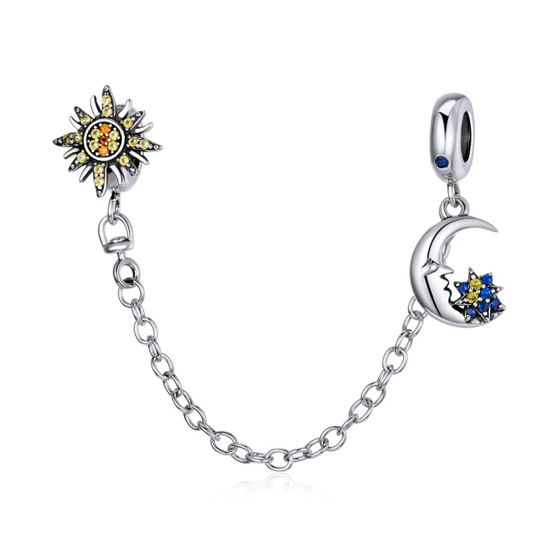 Sunshine, Star & Luna Moon Safety Chain Charm 925 Sterling Silver