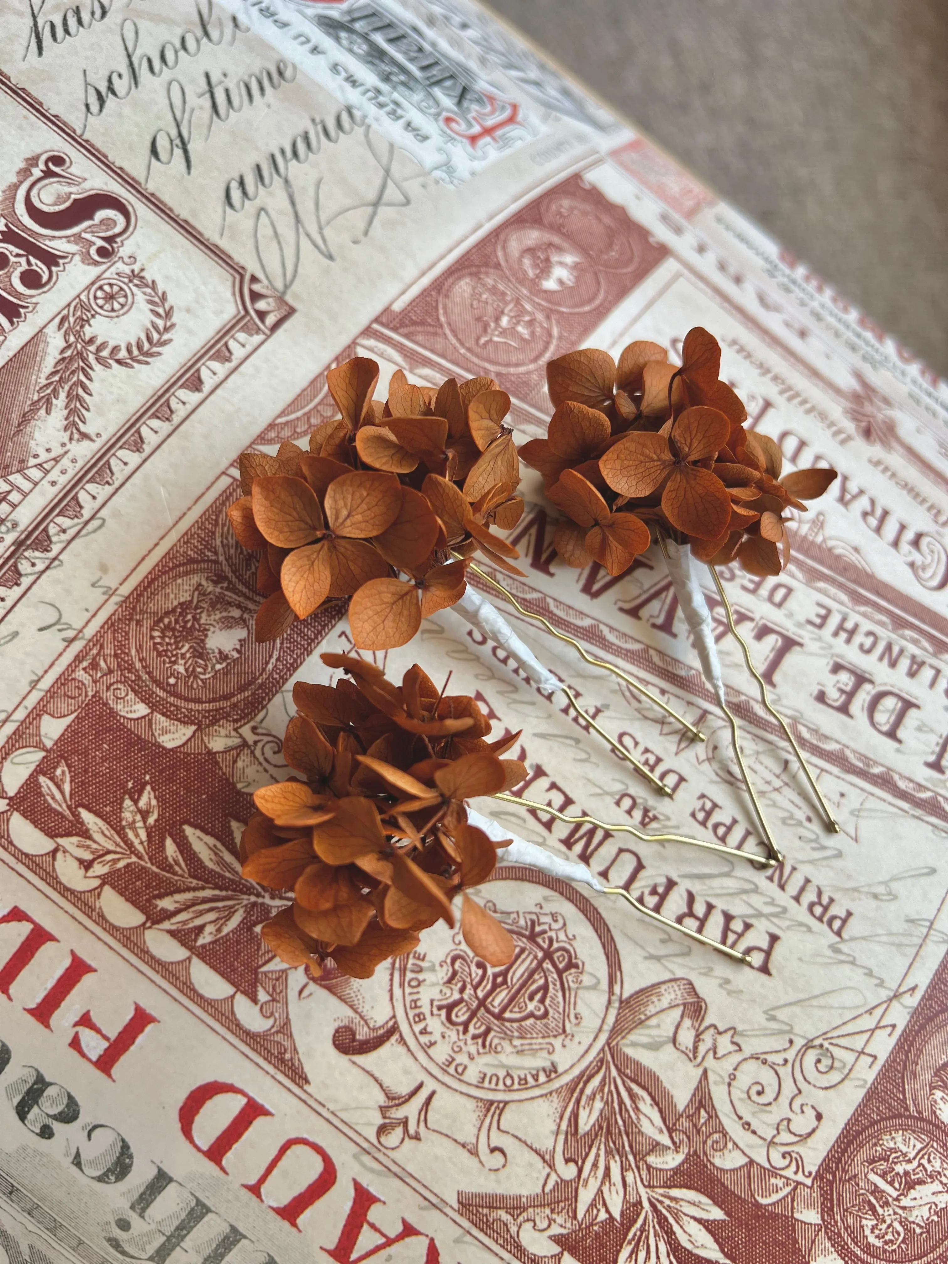 Terracotta Burnt Orange Dried Flower Hair Pins, Rustic Wedding Preserved Hydrangea Mini Head Piece, Boho Bridal Real Floral Hair Pins