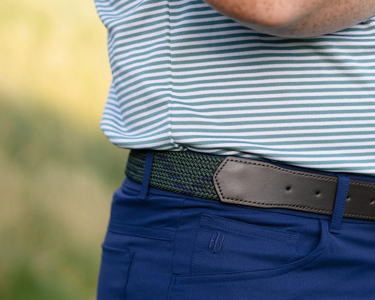 The Fischer Belt: Pine & Navy Dogleg Stripe