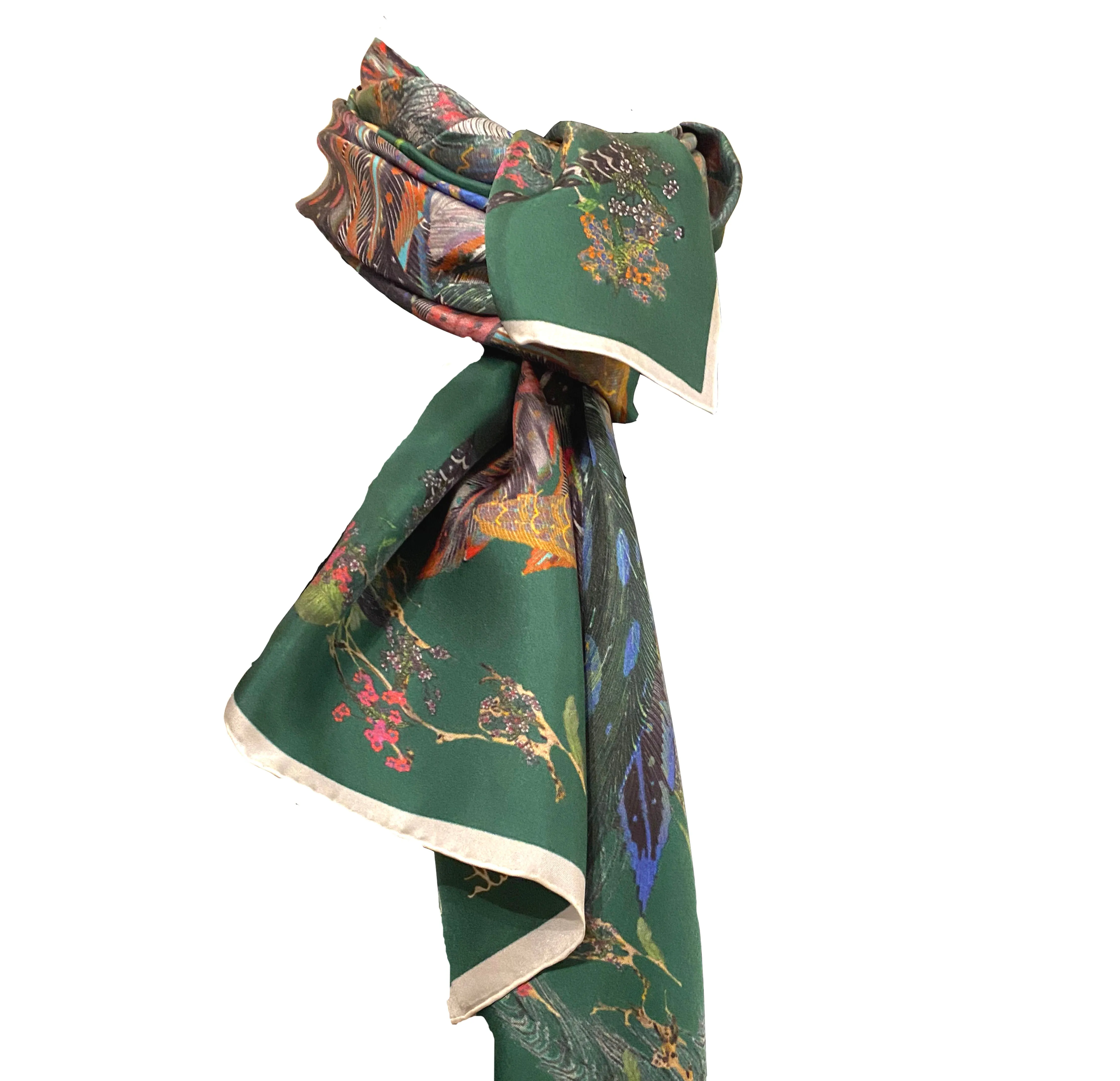 The Proud Peacock in Green. Long Silk Scarves