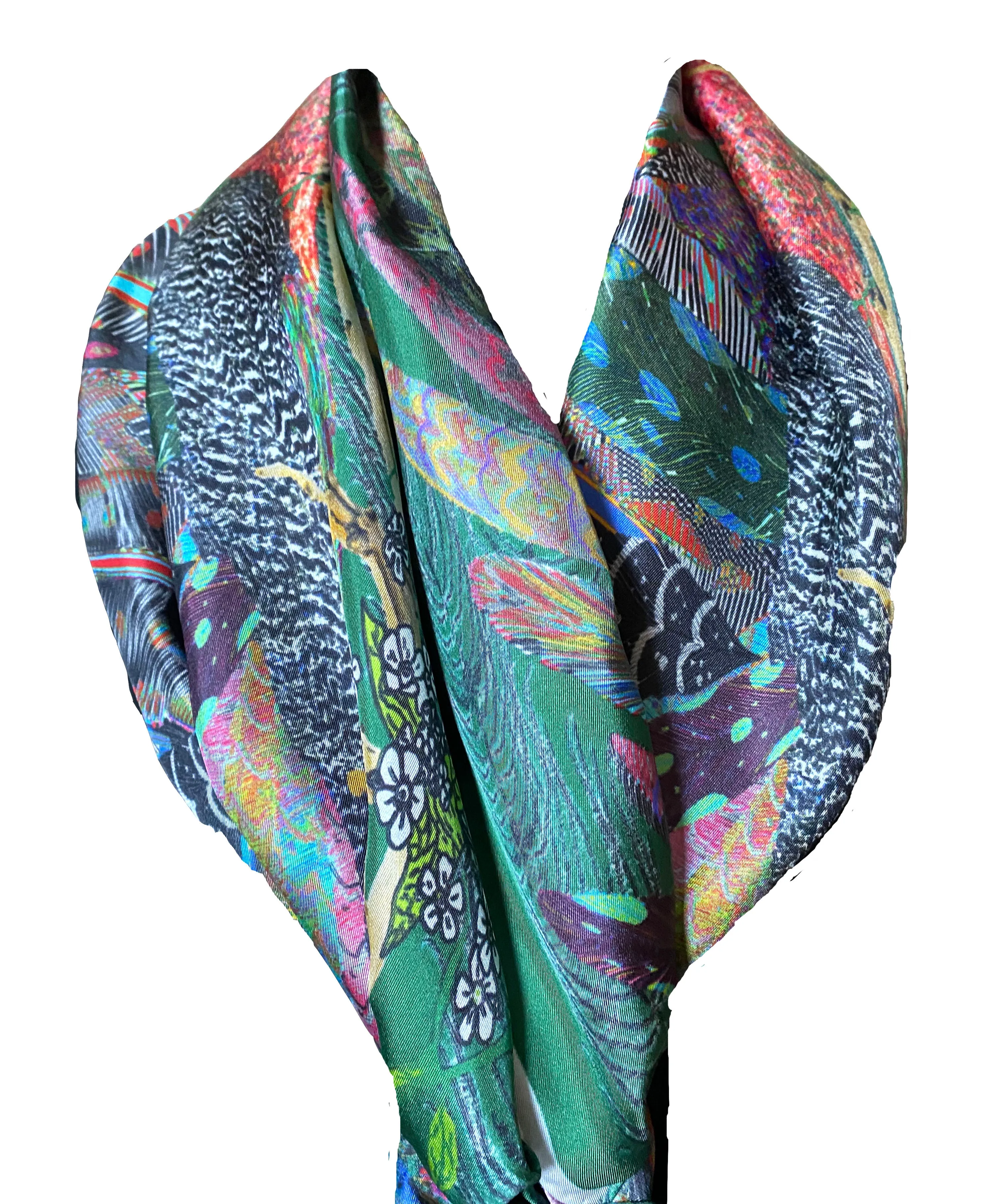 The Proud Peacock in Green. Long Silk Scarves