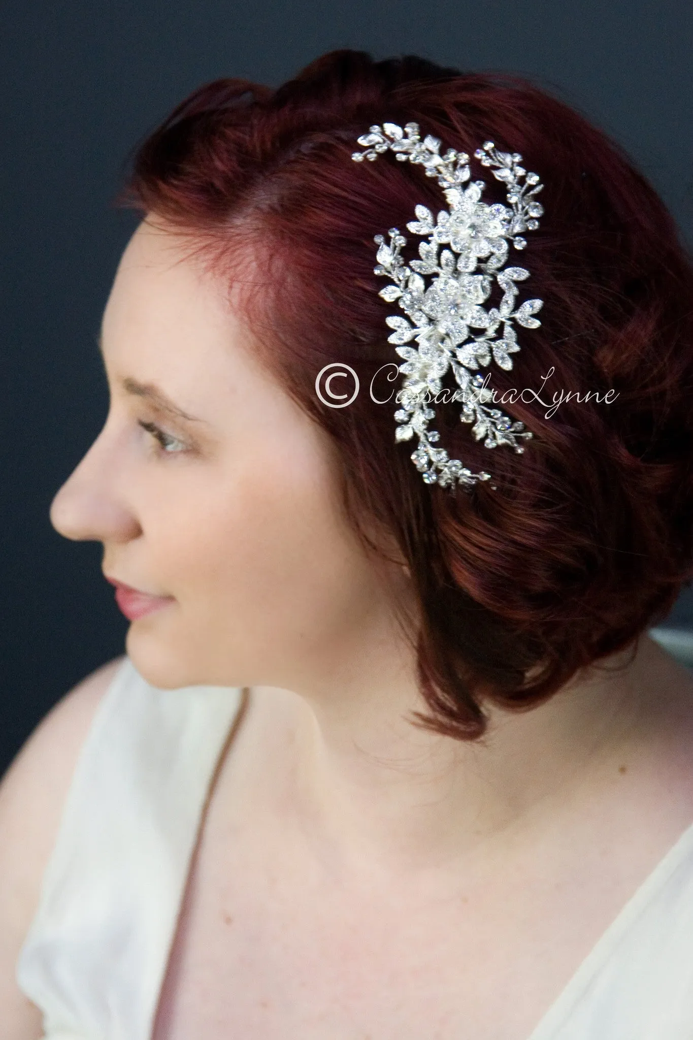 Wedding Hair Comb with Leaves and Pave Flowers