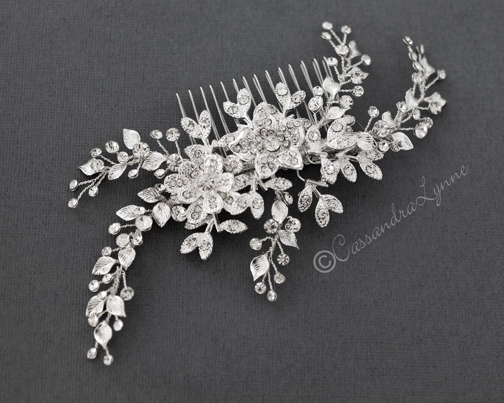 Wedding Hair Comb with Leaves and Pave Flowers