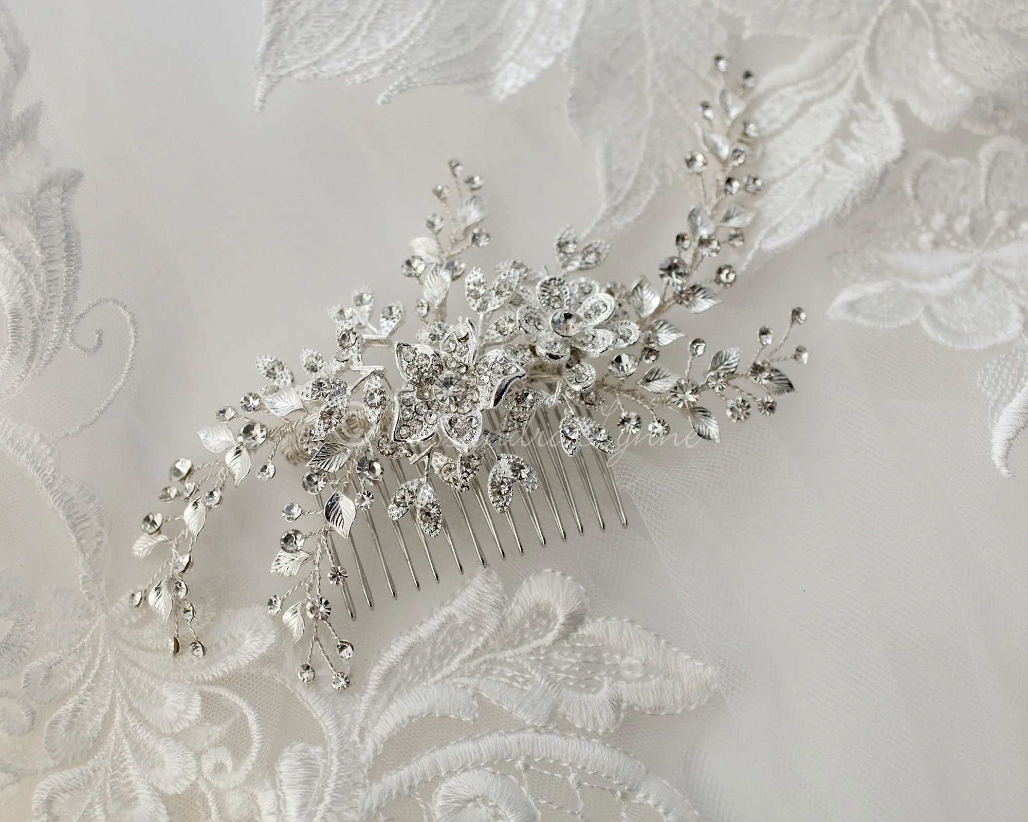 Wedding Hair Comb with Leaves and Pave Flowers