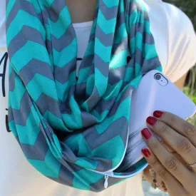 Women's Chevron Print Infinity Scarf with Zipper Pocket, Chevron Scarf Design, Infinity Scarves